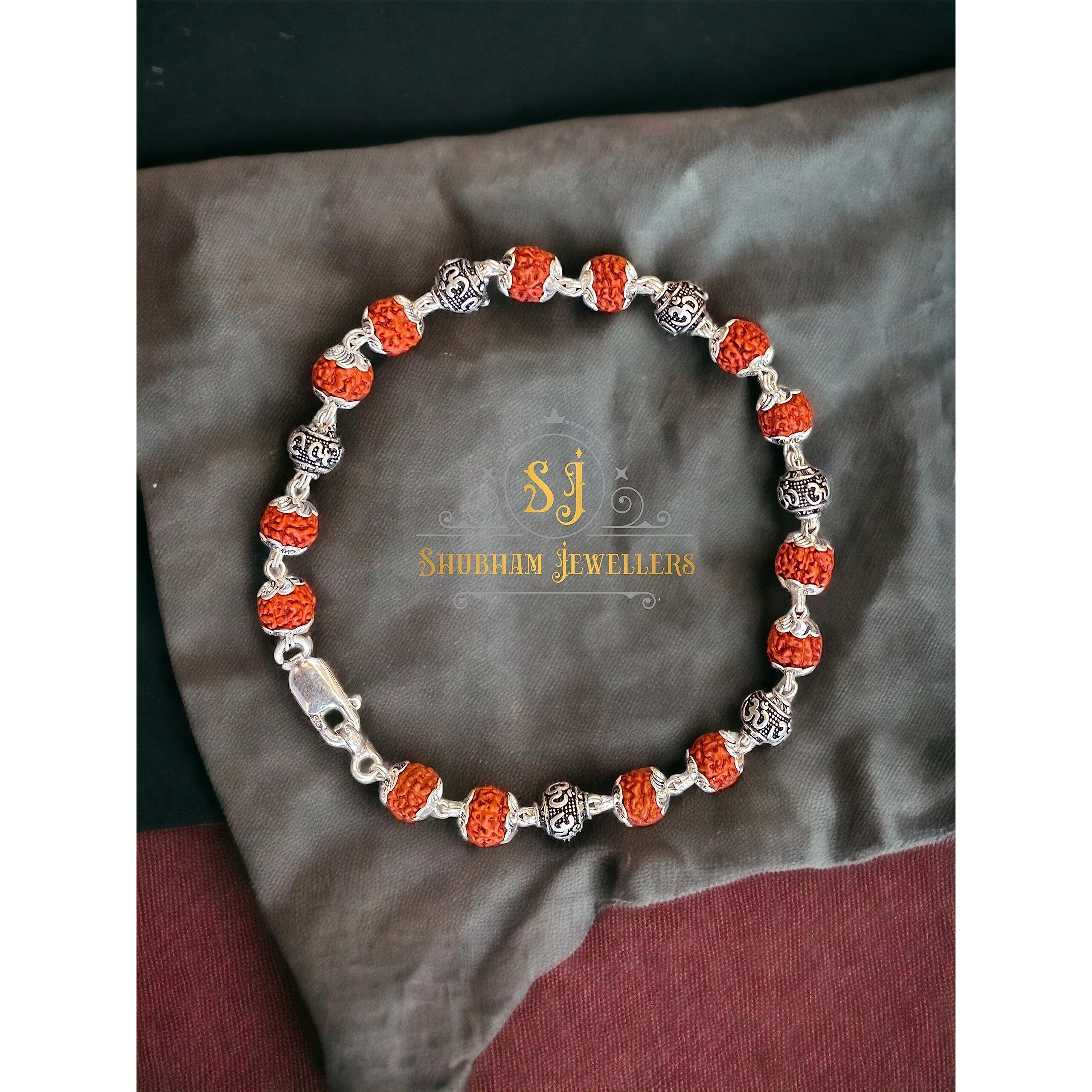 SJ SHUBHAM JEWELLERS 925 Sterling Silver Handmade Dual Wire Stylish Rudraksha Bracelet Silver Rakhi For Men (Brown, 6 Mm Natural Beads Om Silver Para) (6OM)