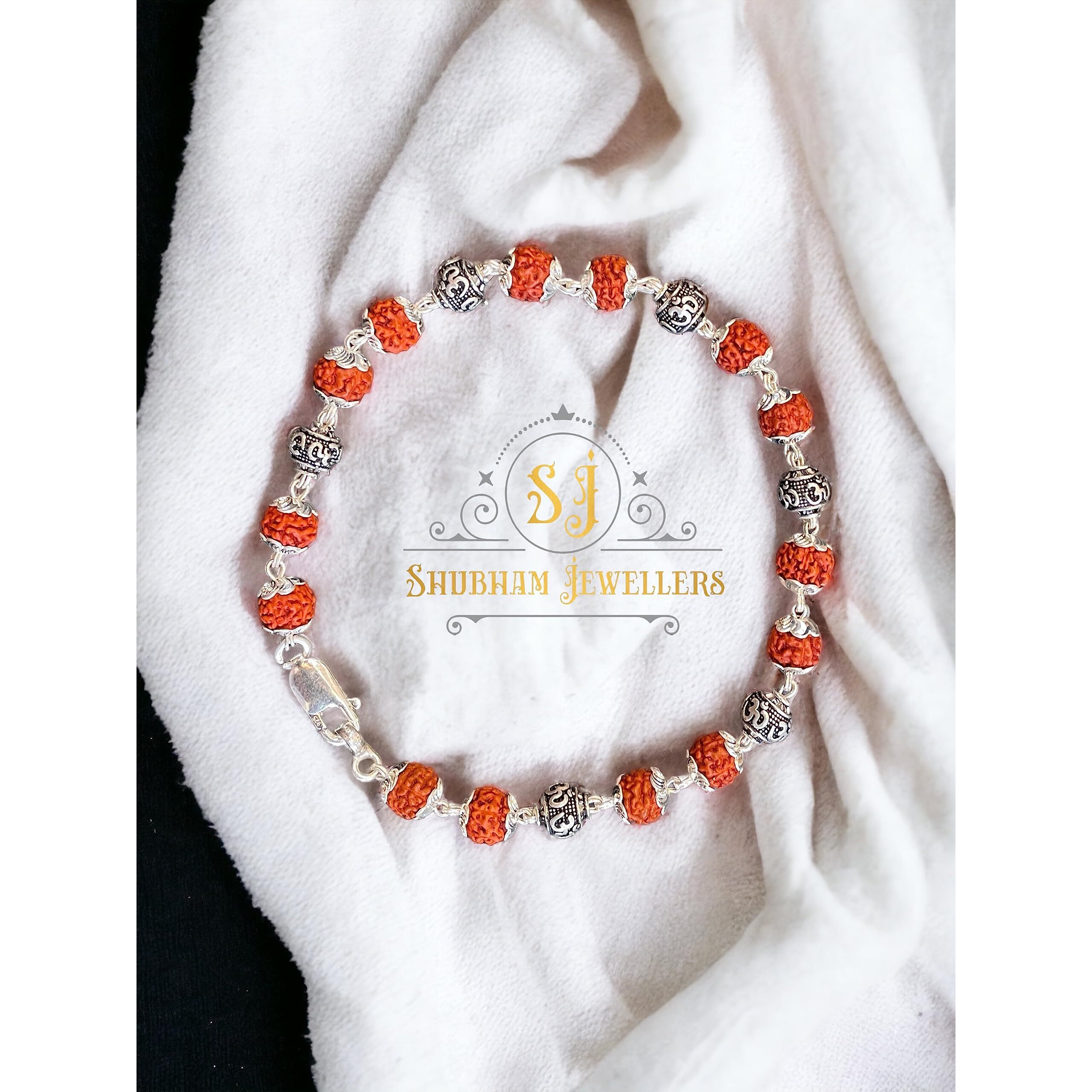 SJ SHUBHAM JEWELLERS 925 Sterling Silver Handmade Dual Wire Stylish Rudraksha Bracelet Silver Rakhi For Men (Brown, 6 Mm Natural Beads Om Silver Para) (6OM)