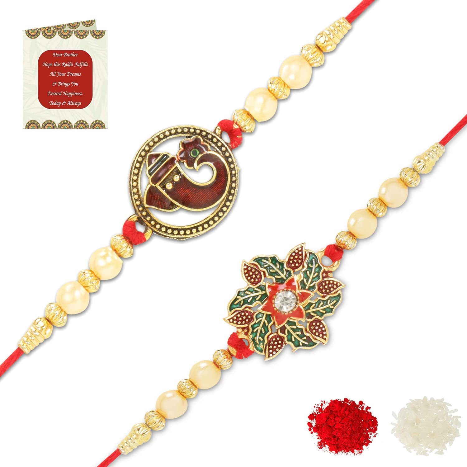 Riddhika Ventures Fabulous Gold Plated Flower and Meenakari Ganesh Rakhi (Set of 2) with Roli Chawal and Greeting Card (E1G1)