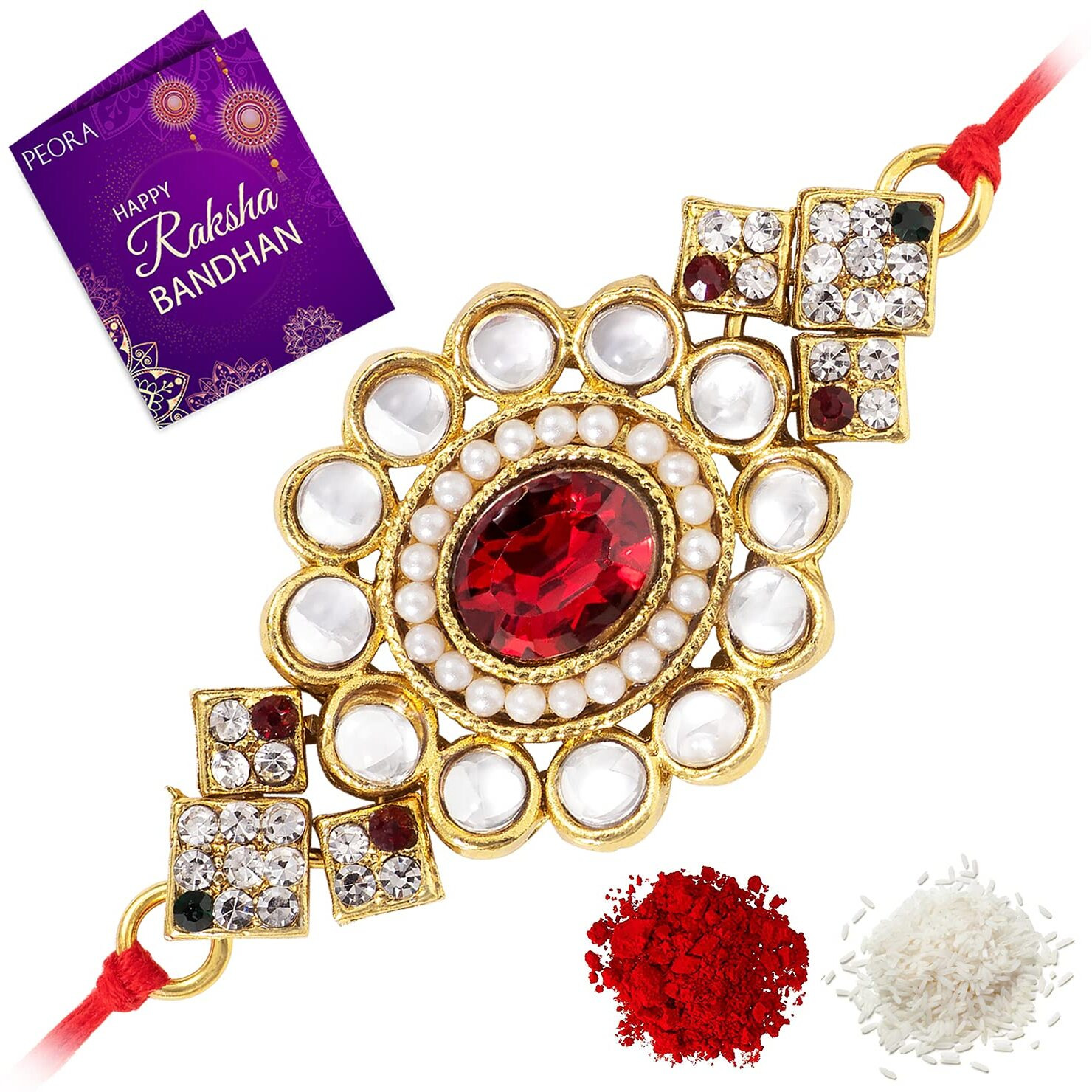 Peora Men Fancy Kundan And Crystal Stone Rakhi For Brother With Raksha Bandhan Greeting Card & Roli Chawal