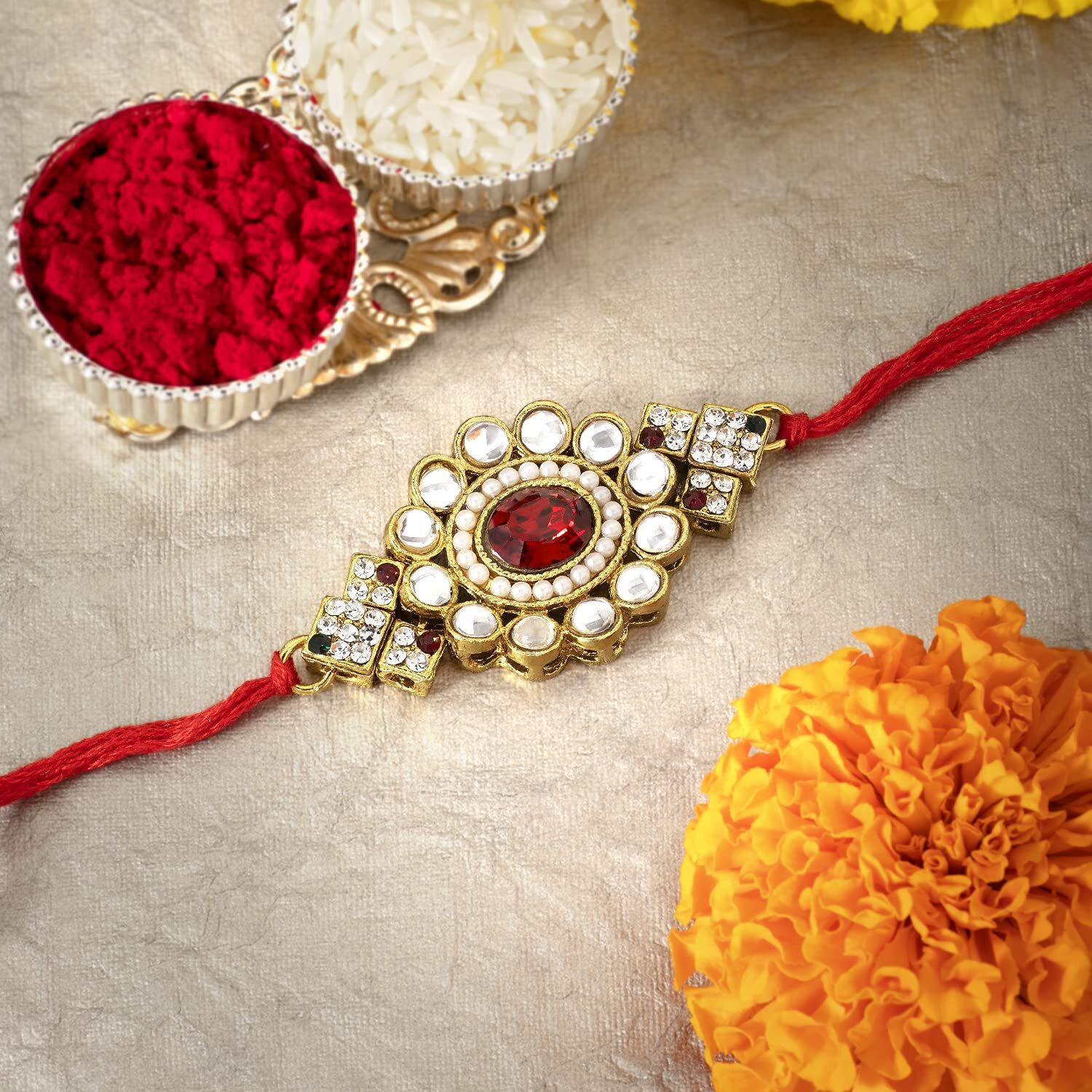 Peora Men Fancy Kundan And Crystal Stone Rakhi For Brother With Raksha Bandhan Greeting Card & Roli Chawal