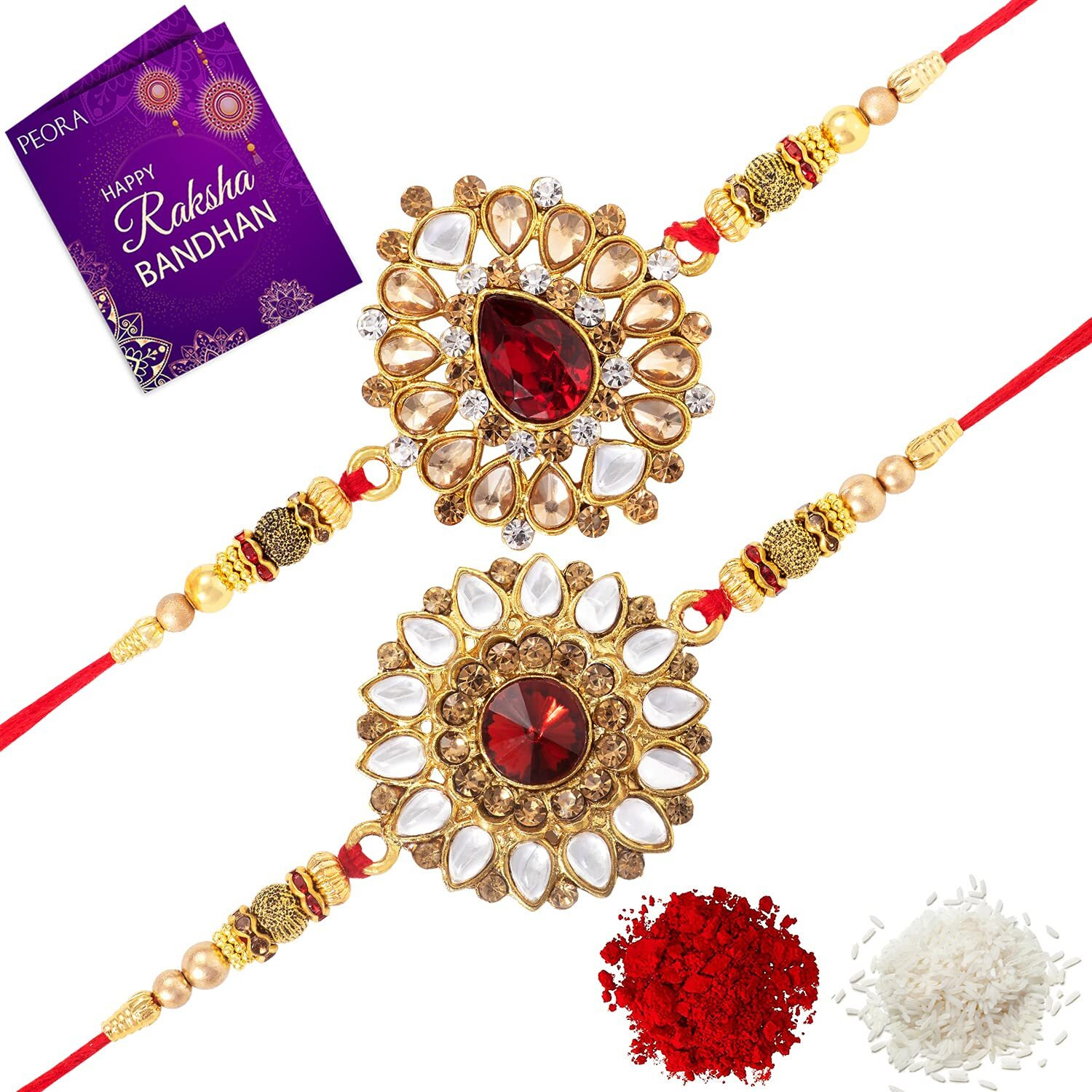 Peora Men Elegant Kundan Stone Rakhi For Brother Combo Set Of 2 With Raksha Bandhan Greeting Card & Roli Chawal