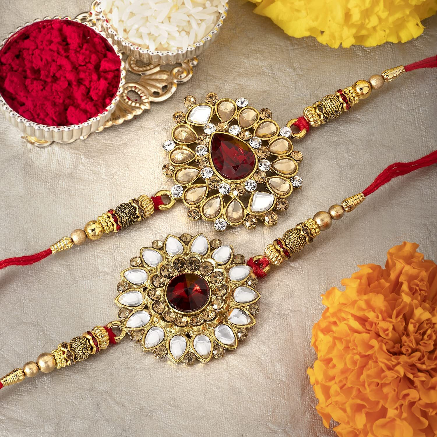 Peora Men Elegant Kundan Stone Rakhi For Brother Combo Set Of 2 With Raksha Bandhan Greeting Card & Roli Chawal