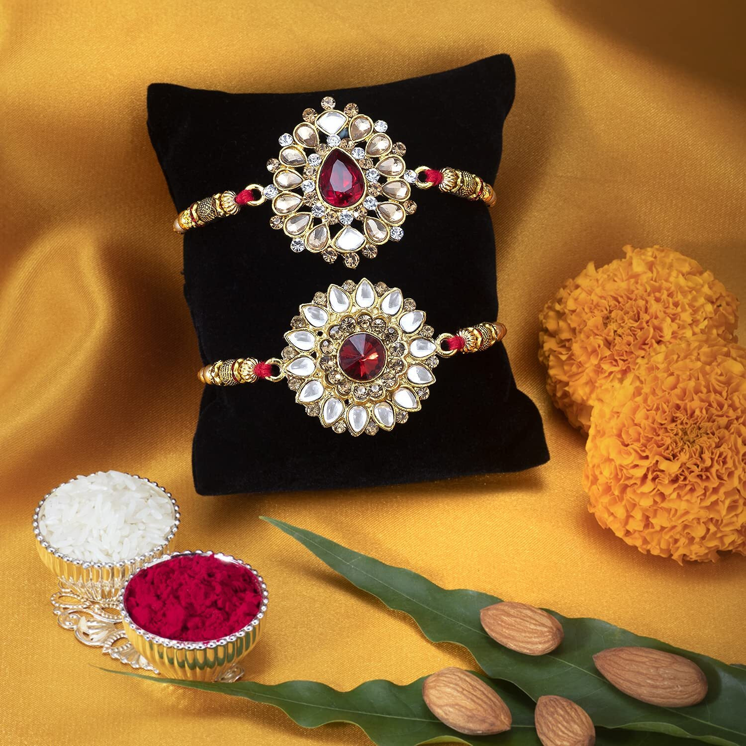 Peora Men Elegant Kundan Stone Rakhi For Brother Combo Set Of 2 With Raksha Bandhan Greeting Card & Roli Chawal
