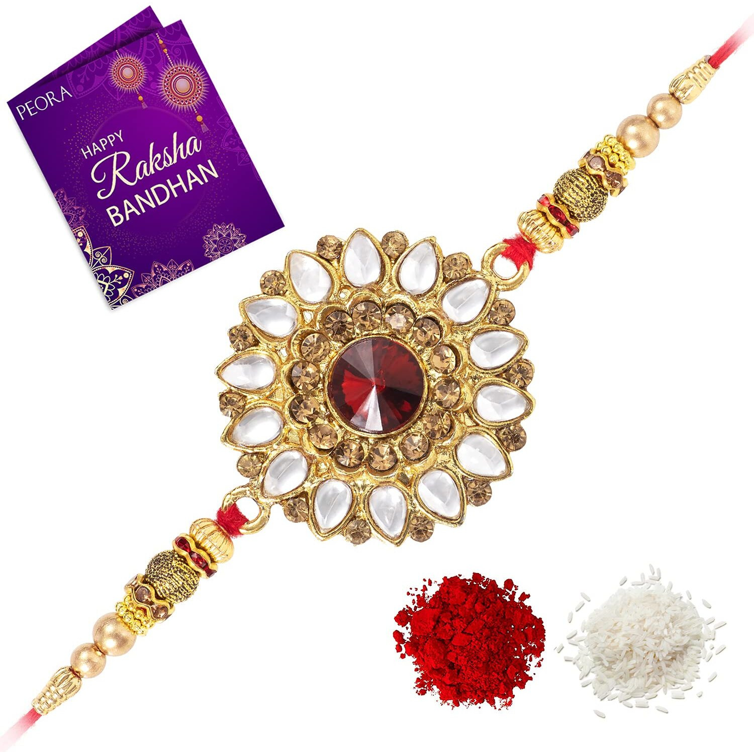 Peora Men Elegant Kundan & Crystal Stone Rakhi For Brother With Raksha Bandhan Greeting Card & Roli Chawal