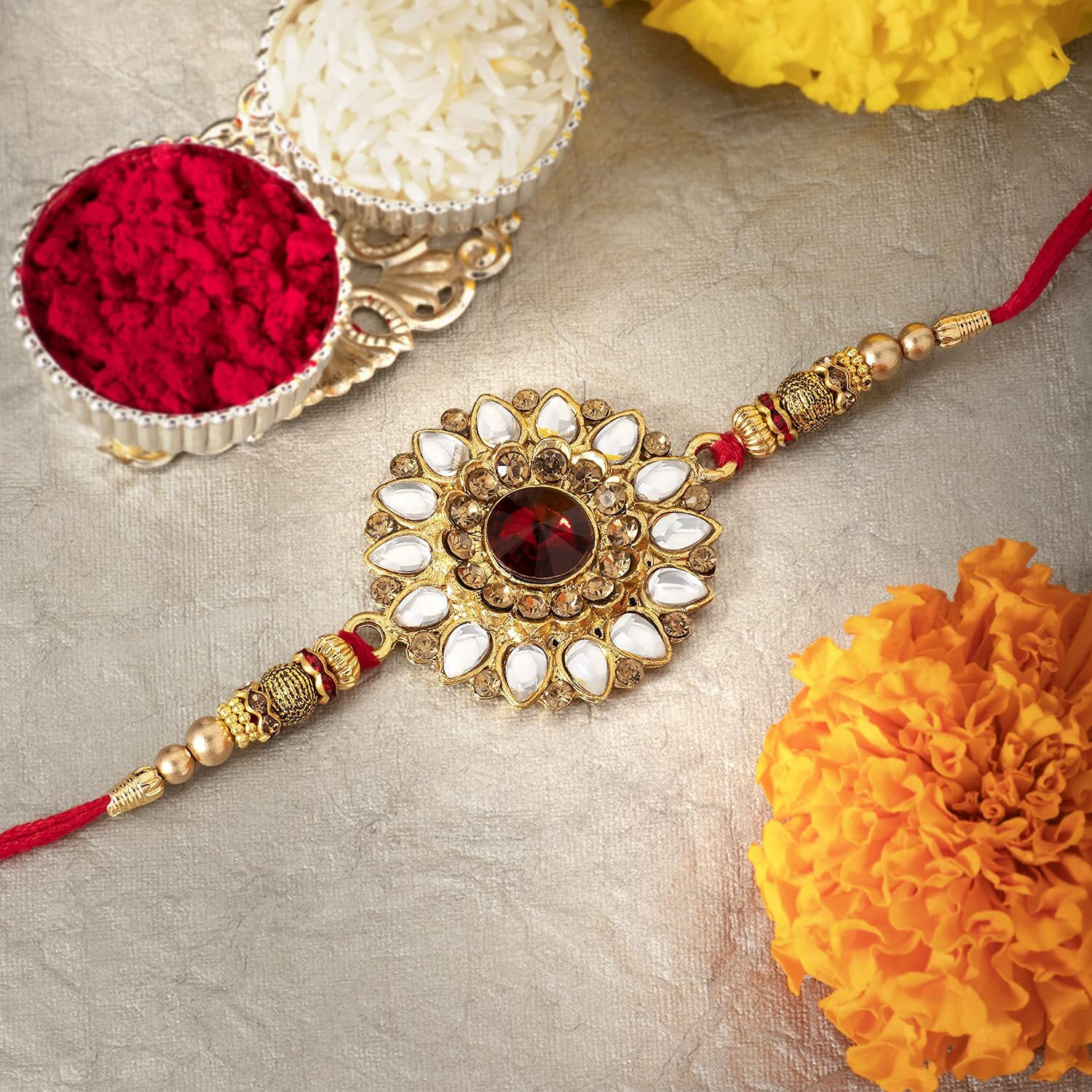 Peora Men Elegant Kundan & Crystal Stone Rakhi For Brother With Raksha Bandhan Greeting Card & Roli Chawal