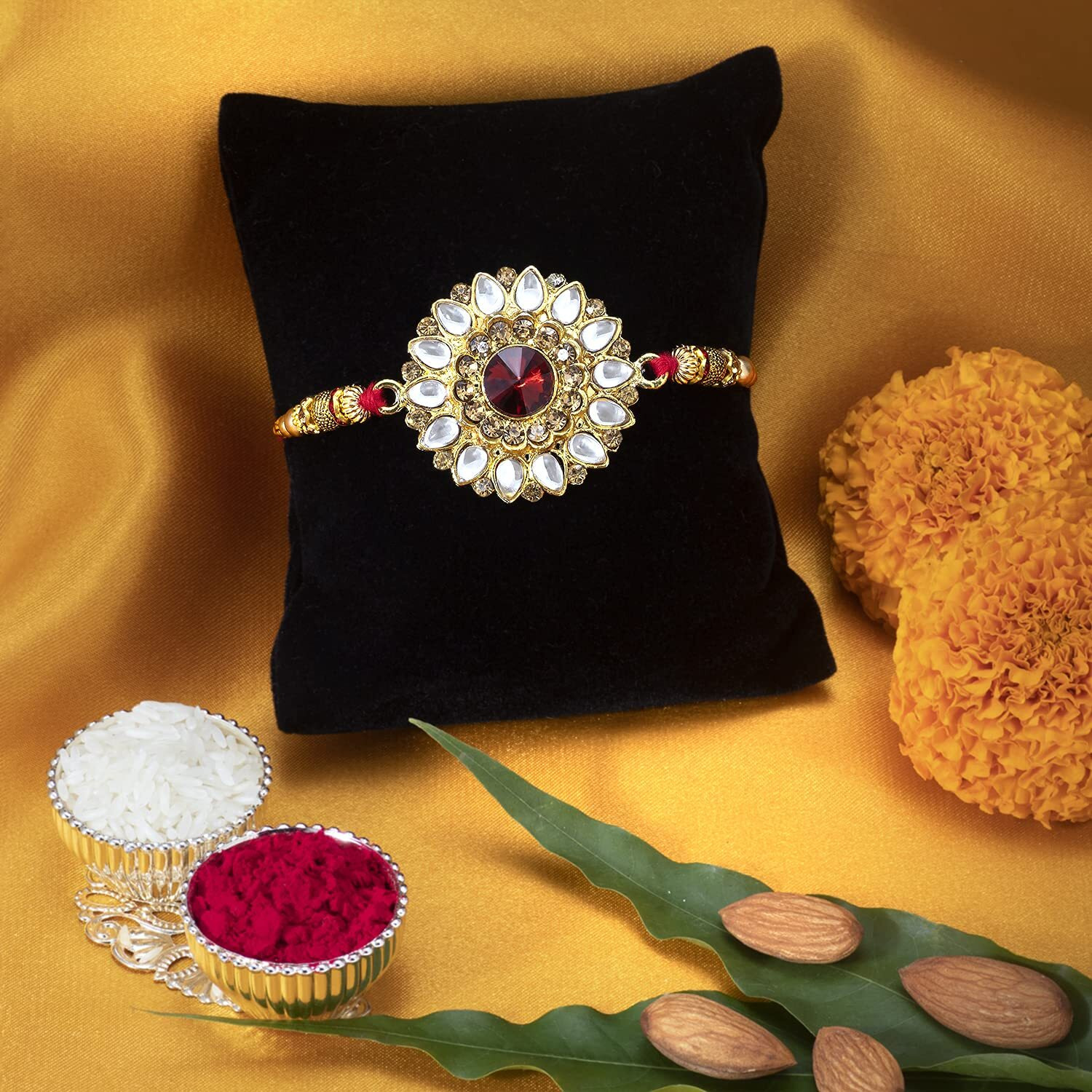 Peora Men Elegant Kundan & Crystal Stone Rakhi For Brother With Raksha Bandhan Greeting Card & Roli Chawal