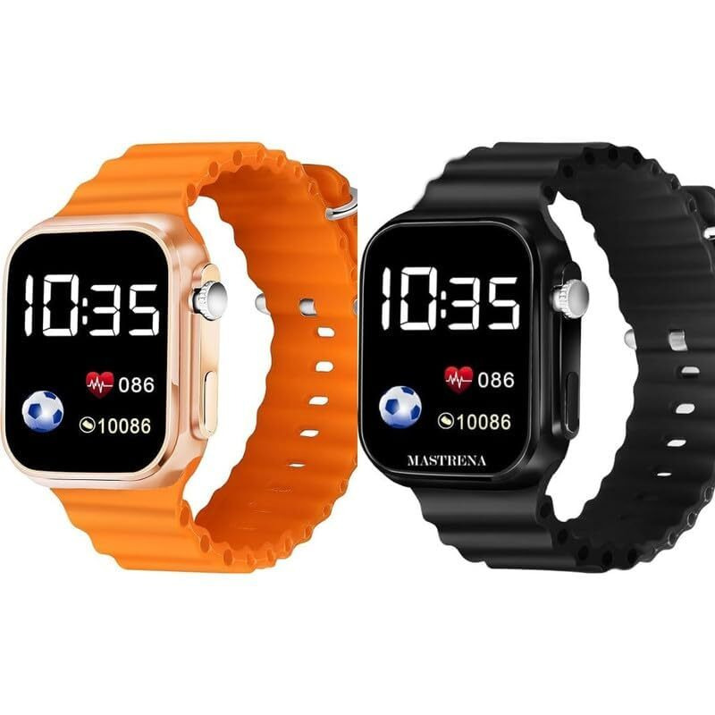 ZOVUTA Digital Dial Waterproof Smart Design LED Display Kids Watch for Boys & Girls, Men and Women, Birthday Gift, Rakhi Gift (Age 4-15 Years) (Ultra Orange & Black) - Pack of 2