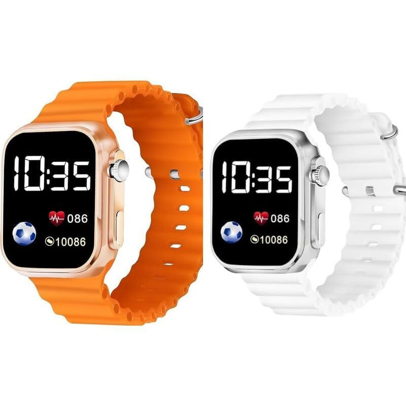 ZOVUTA Digital Dial Waterproof Smart Design LED Display Kids Watch for Boys & Girls, Men and Women, Birthday Gift, Rakhi Gift (Age 4-15 Years) (Ultra Orange & White) - Pack of 2