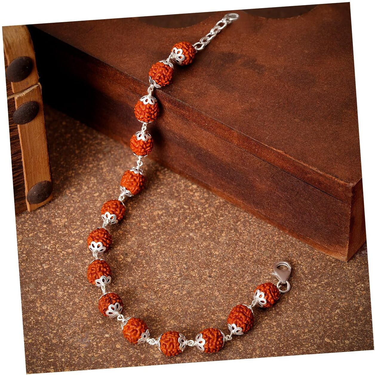 SJ SHUBHAM JEWELLERS 925 Sterling Silver Handmade Dual Wire Stylish Rudraksha Bracelet Silver Rakhi For Men (Brown, 6 Mm Natural Beads Om Silver Para) (5 Mukhi Rudraksha)