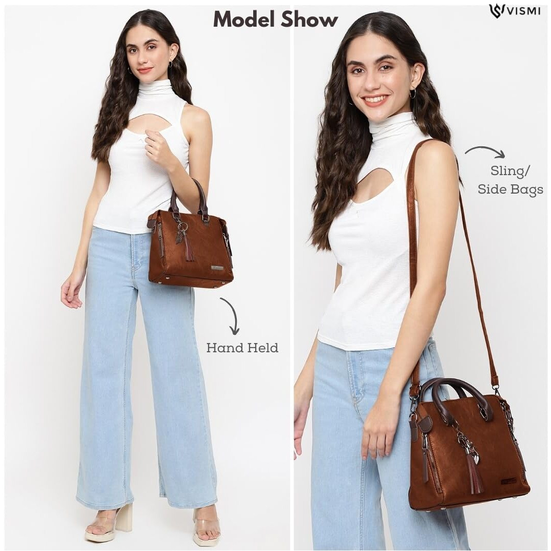 VISMIINTREND Leather Sling Handbag Top Handle Structured Satchel Bags for Women | Side Shoulder Ladies Purse with Belt | Birthday Gift for Wife | Rakhi Gifts for Sisters