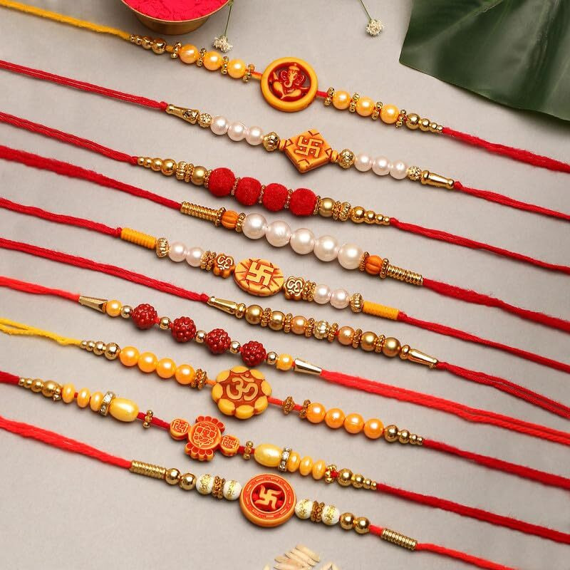 The Purple Tree Beautiful combo of 10 Rakhis For Brother with Roli Chawal and Card (set of 10) Rakhi for bhai, Rakshabandhan Gift for brother, Ganesha Rakhi Threads, Om Rakhi set, Rakhi Gift