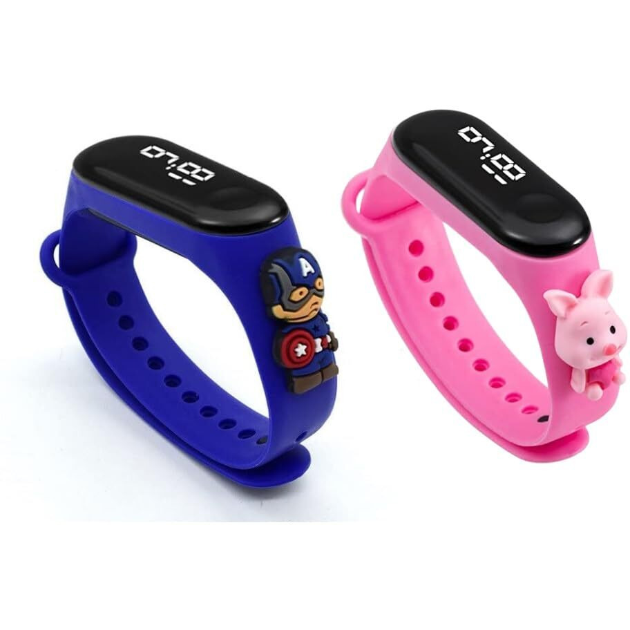 ZOVUTA Digital Dial Waterproof Stylish and Fashionable Wearable Smart Wrist Watch/LED Band for Kids/Rakhi/Colorful 3D Cartoon Character for Boys and Girls Combo (Blue & Pink)