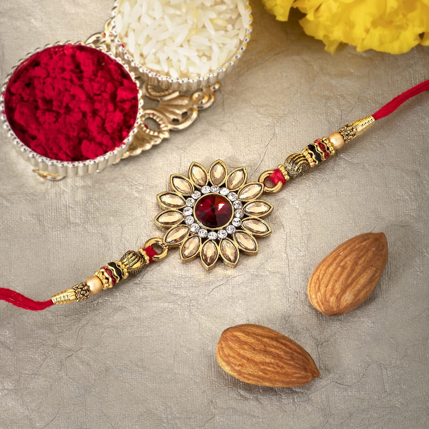 Peora Men Kundan & Crystal Stone Rakhi For Brother With Raksha Bandhan Greeting Card & Roli Chawal