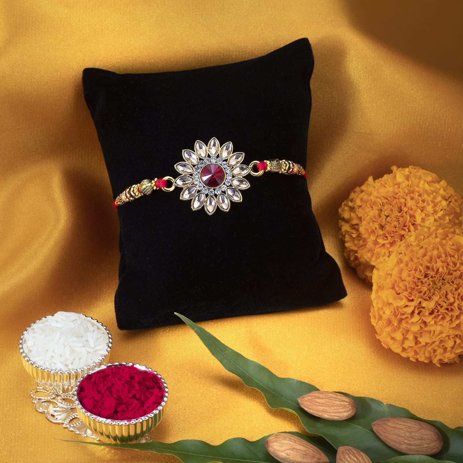 Peora Men Kundan & Crystal Stone Rakhi For Brother With Raksha Bandhan Greeting Card & Roli Chawal