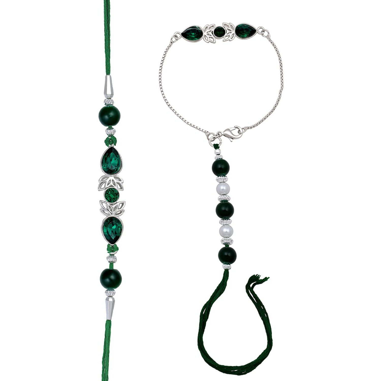 Mahi Green Crystal Lumba and Brother Rakhi Combo for Bhai and Bhabhi (RCOL1105523RGre)
