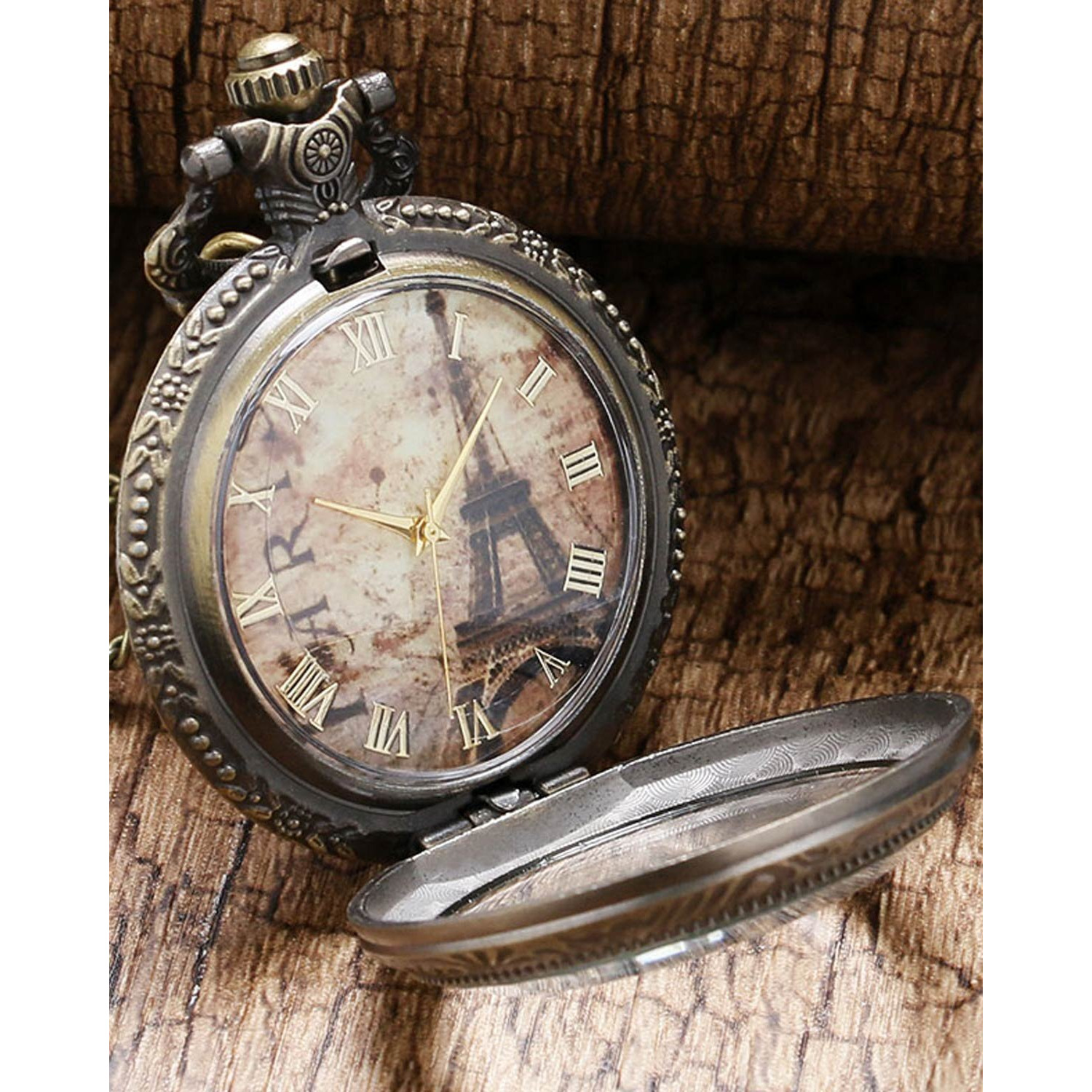 Young & Forever Rakhi Gift Friendship Day Gift Special On-Time Vintage Gold Eiffel Tower Roman Number Design Pocket Analog Unisex Watch Necklace & Pocket Chain (Multicolour Dial Gold Colored Strap)