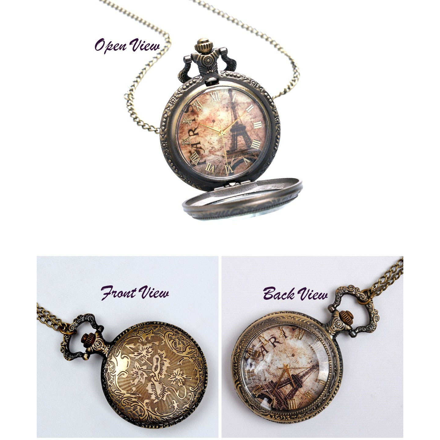 Young & Forever Rakhi Gift Friendship Day Gift Special On-Time Vintage Gold Eiffel Tower Roman Number Design Pocket Analog Unisex Watch Necklace & Pocket Chain (Multicolour Dial Gold Colored Strap)