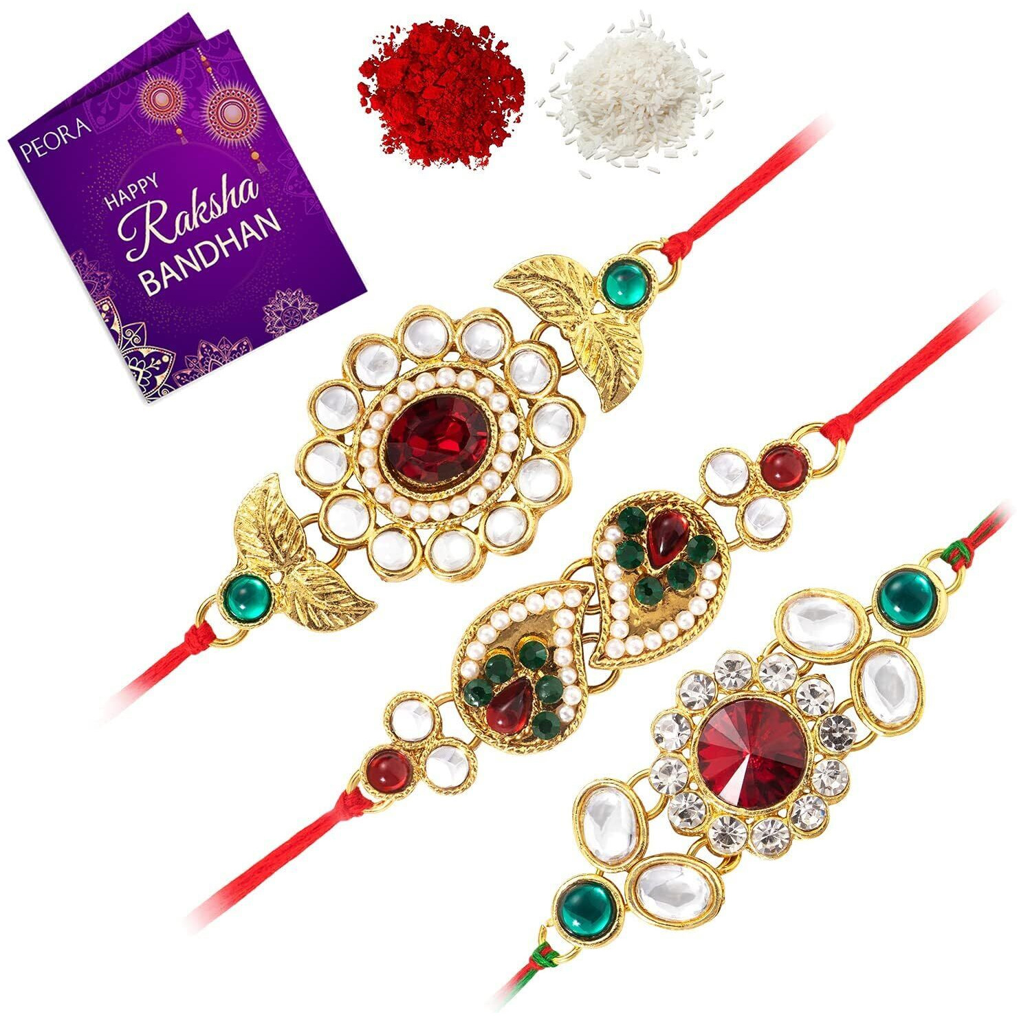 Peora Traditional Legacy of Rakshabandhan with Stones & Kundan Rakhi for Brother, Green & Red, Set of 3