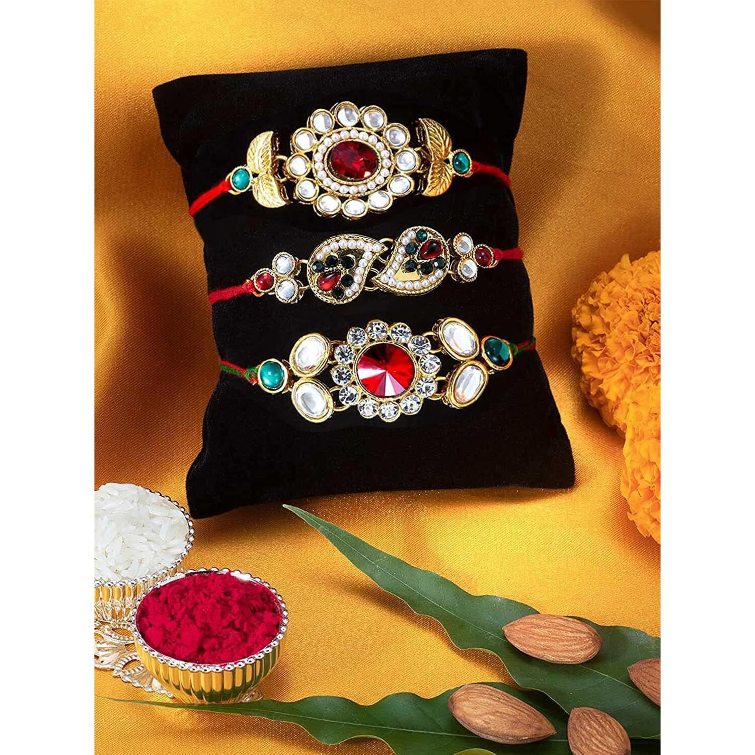 Peora Traditional Legacy of Rakshabandhan with Stones & Kundan Rakhi for Brother, Green & Red, Set of 3