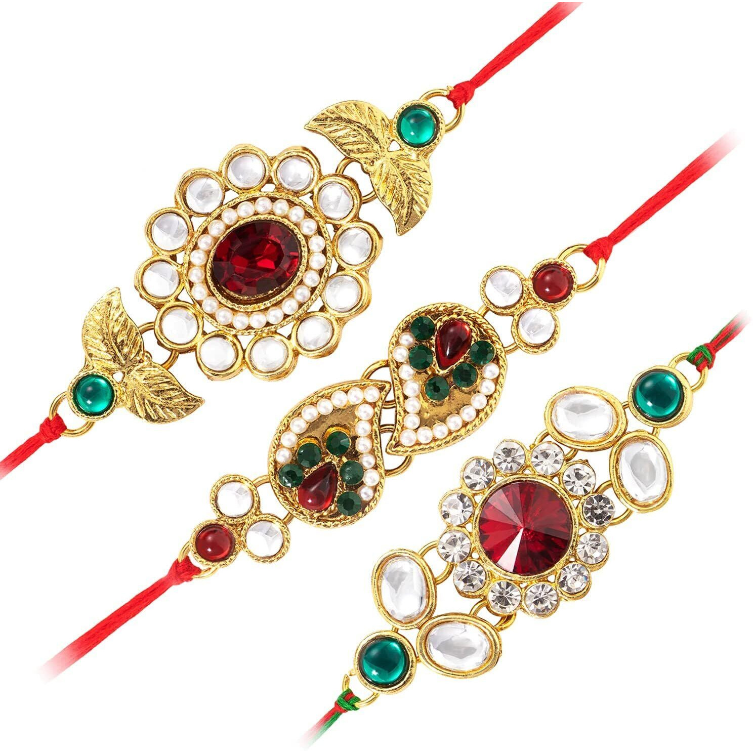 Peora Traditional Legacy of Rakshabandhan with Stones & Kundan Rakhi for Brother, Green & Red, Set of 3