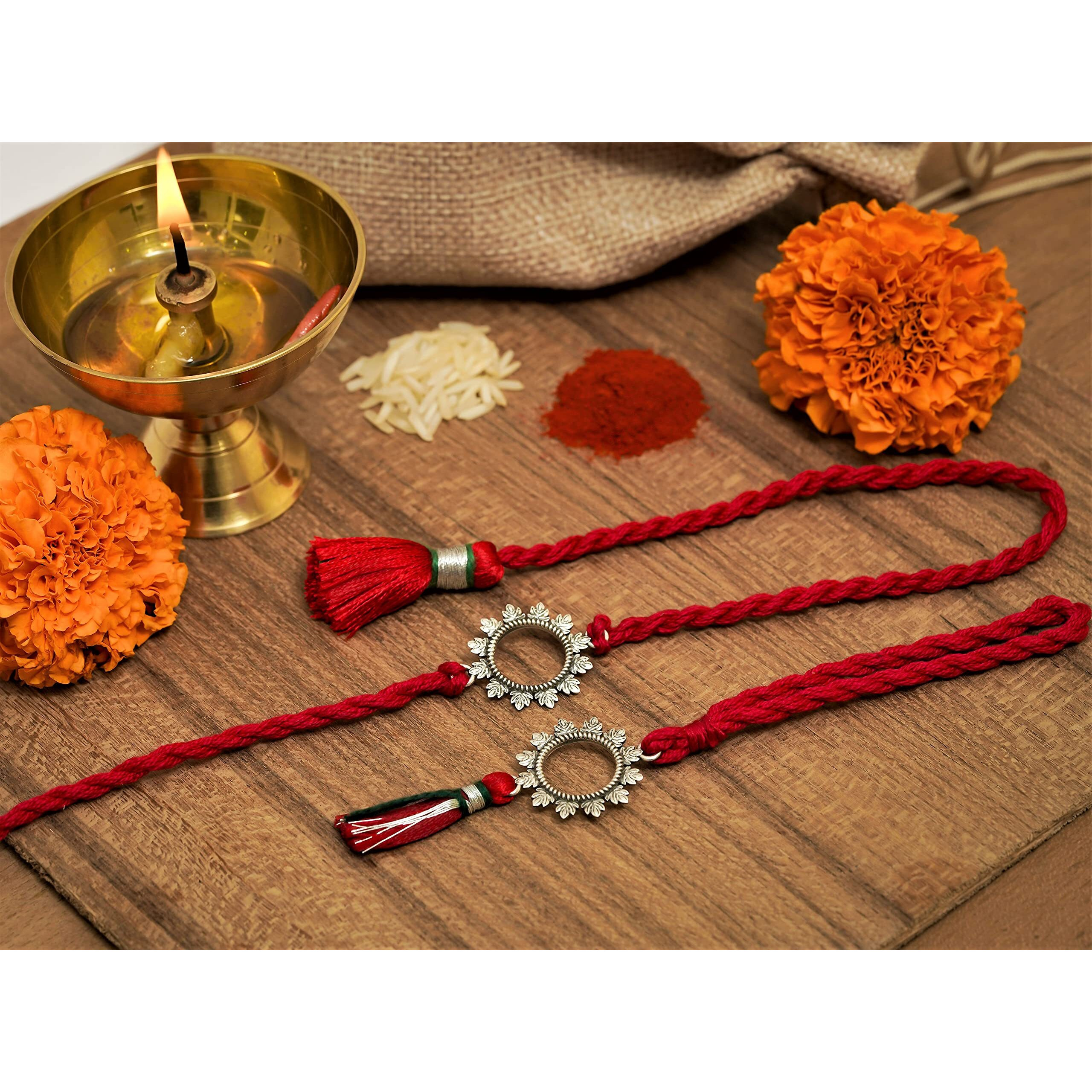 Meenakari 925 Pure Sterling Silver Bhaiya Bhabhi Rakhi Combo Gift Set For Men and Women