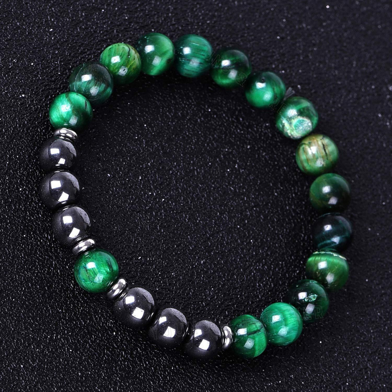 Young & Forever Gift Rakhi Gift for Brother Certified Reiki Crystal Semi Precious Gemstone Hematite and Green Tiger Eye for Detoxification and Balance Healing Stone Stretch Bracelet for Men and Women