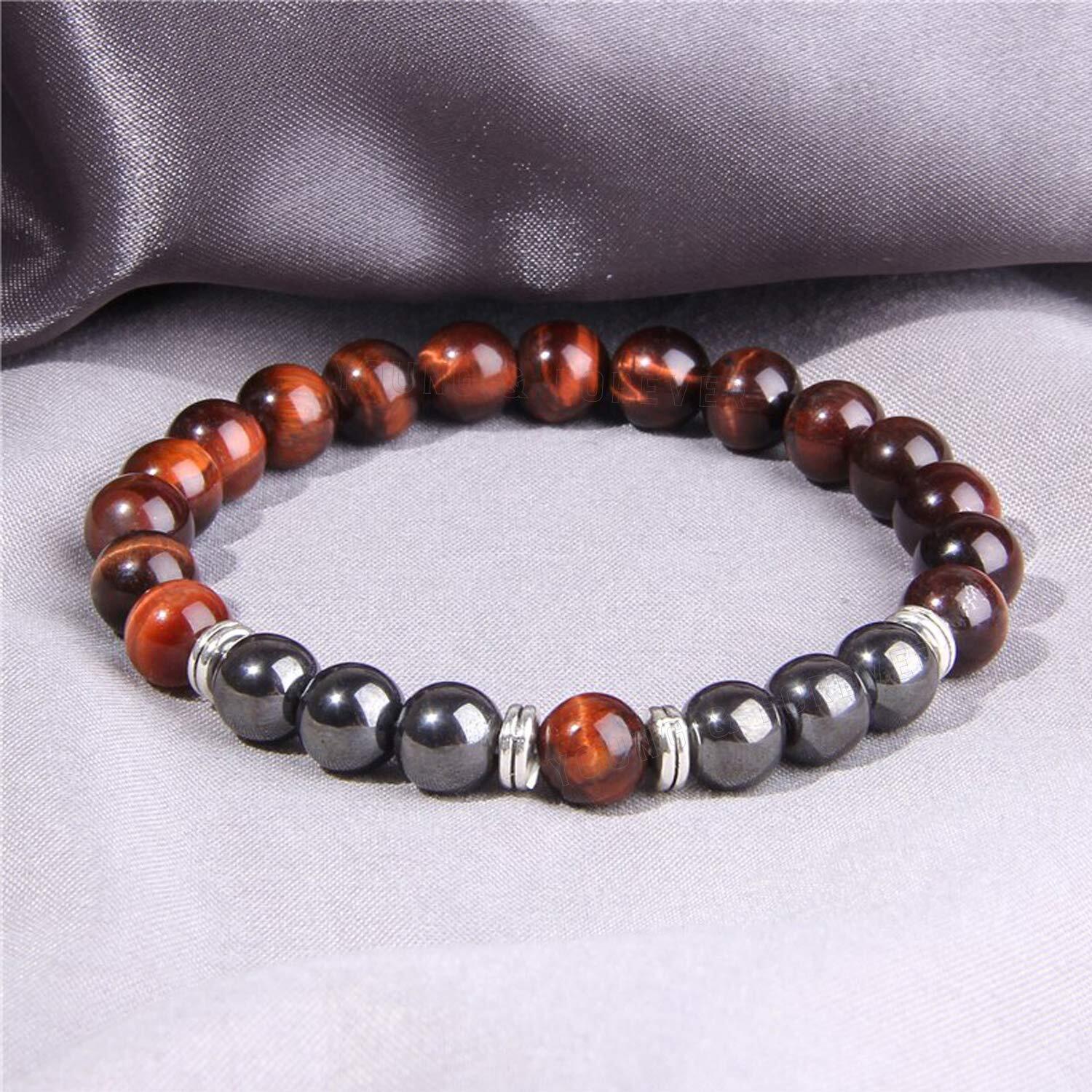 Young & Forever Gift Rakhi Gift for Brother Certified Reiki Crystal Semi Precious Gemstone Hematite and Red Tiger Eye Bracelet for Detoxification and Balance Healing Stone Stretch Men and Women