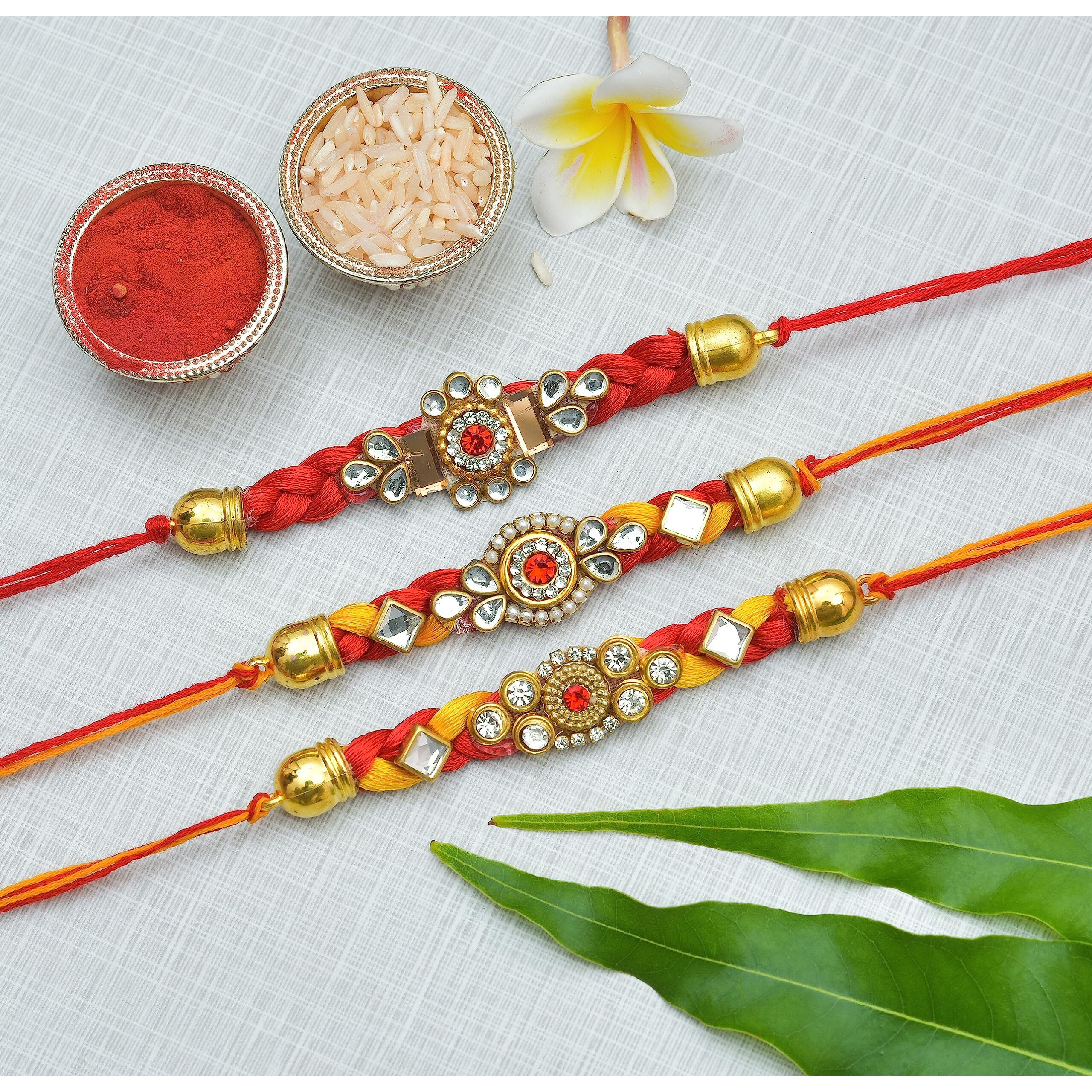 INDI ART RAKHI SET for BHAIYA and BHABHI JI -MOLI KUNDAN RAKHI - DORE SET for RAKHI (SET of 3) - Prime