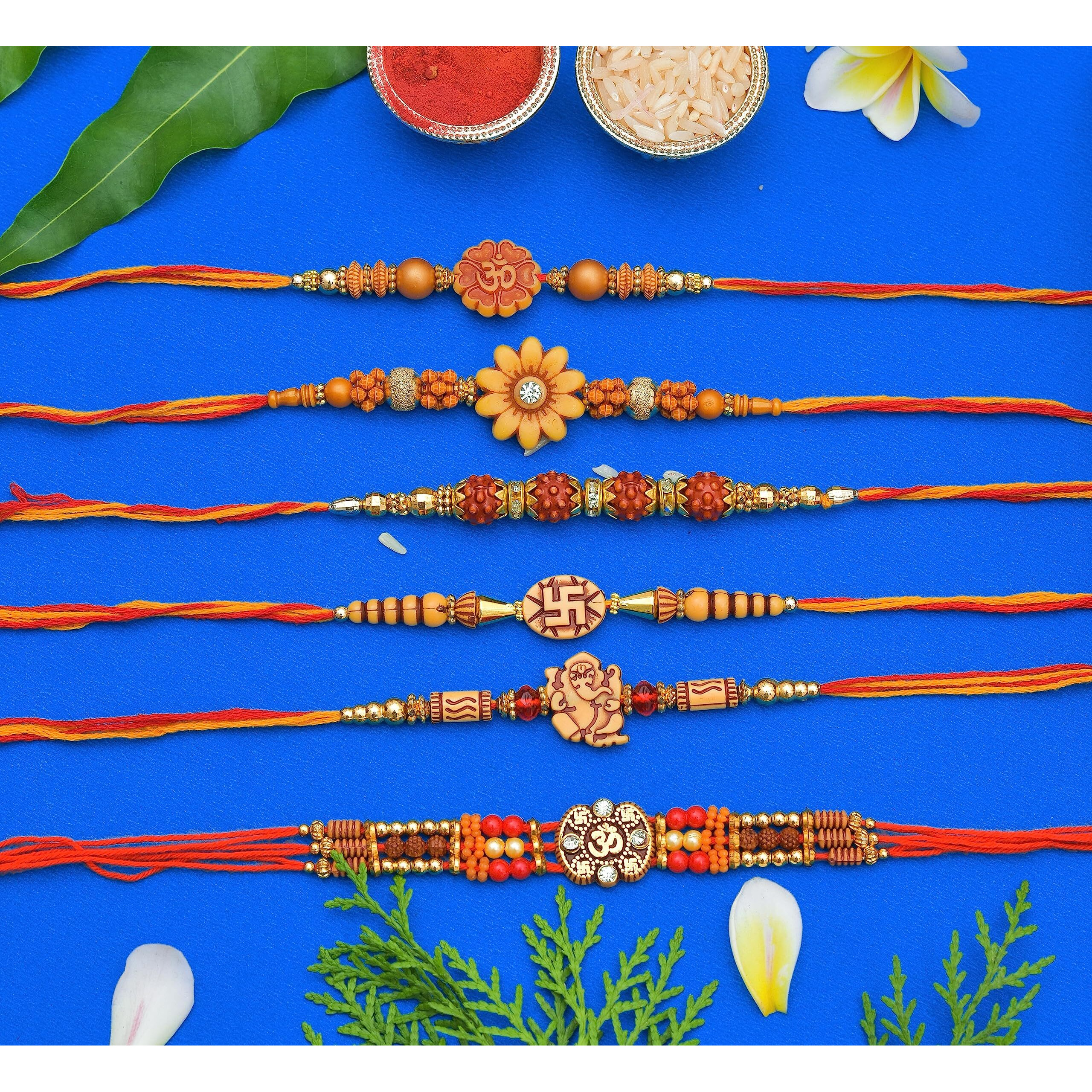 INDI ART RAKHI SET for BHAIYA and BHABHI JI - DORE SET for RAKHI - FAMILY RAKHI SET of 6 (Prime)