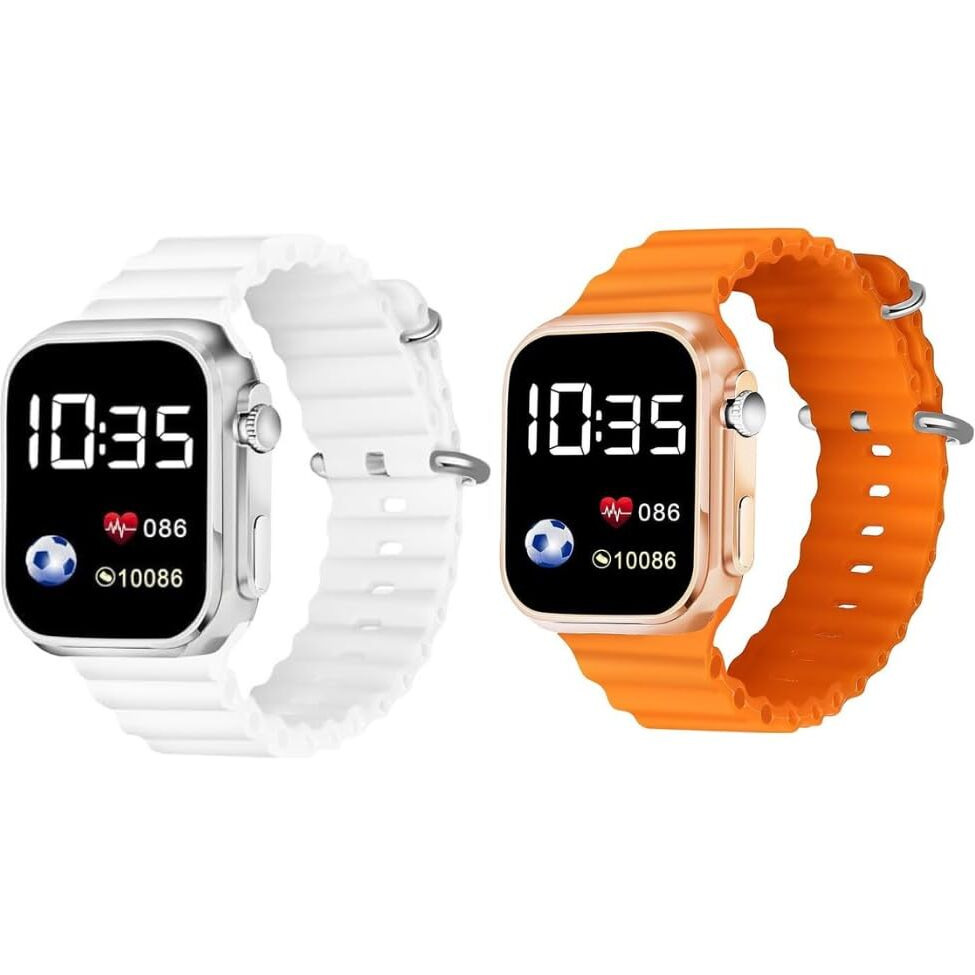 ZOVUTA Digital Dial Waterproof Smart Design LED Display Kids Watch for Boys & Girls, Men and Women, Birthday Gift, Rakhi Gift (Age 4-15 Years) (White, Orange) (Pack of 2)