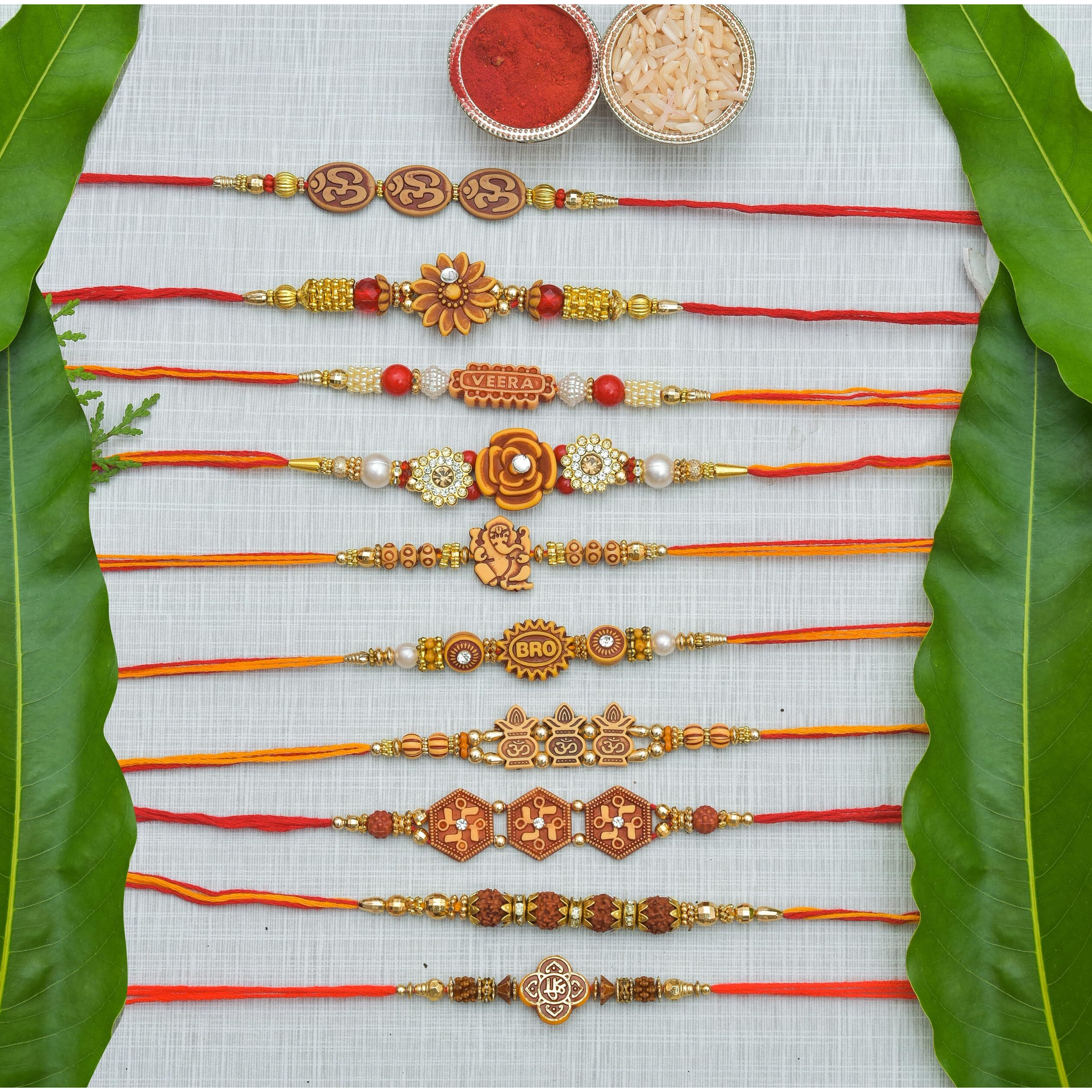 INDI ART RAKHI SET for BHAIYA and BHABHI JI -DORE SET for RAKHI - FAMILY RAKHI SET of 10 (Prime)
