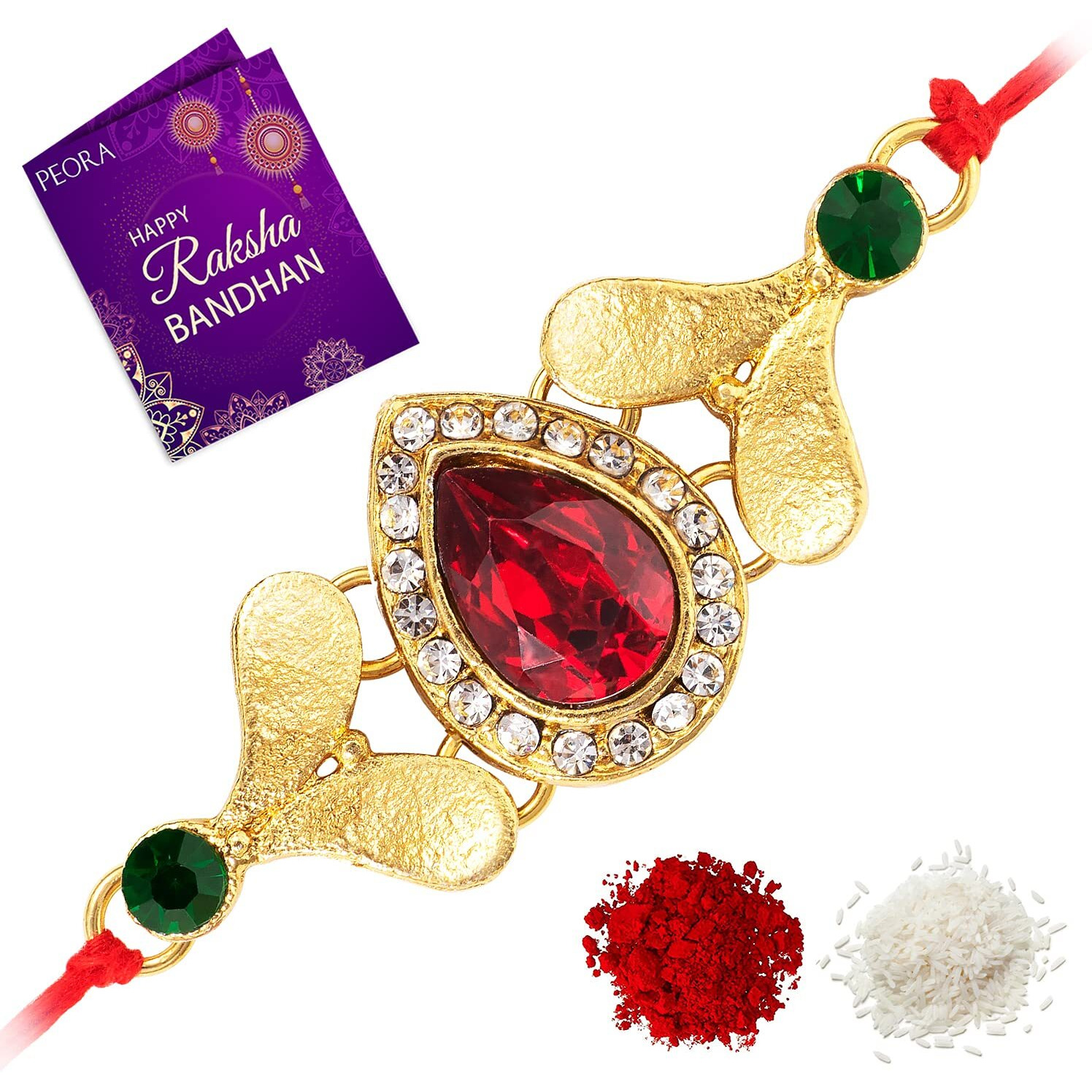 Peora Mens Royal Crystal Stone Rakhi with Raksha Bandhan Greeting Card & Roli Chawal