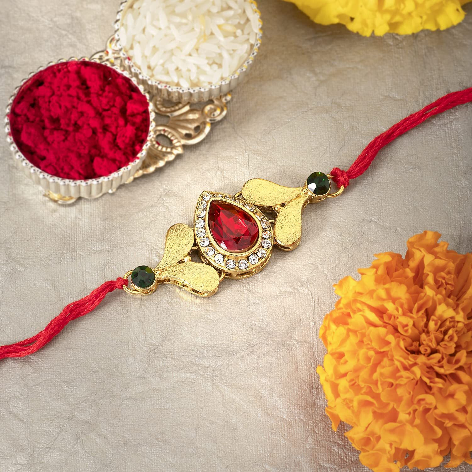 Peora Mens Royal Crystal Stone Rakhi with Raksha Bandhan Greeting Card & Roli Chawal