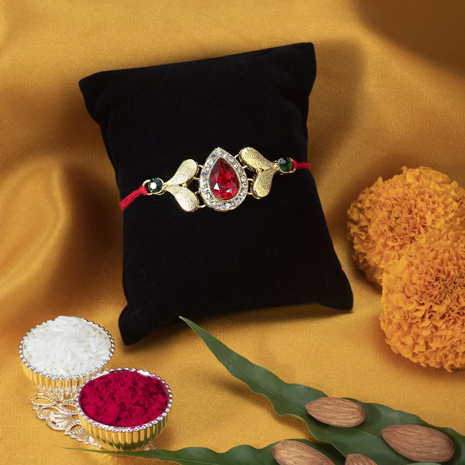 Peora Mens Royal Crystal Stone Rakhi with Raksha Bandhan Greeting Card & Roli Chawal