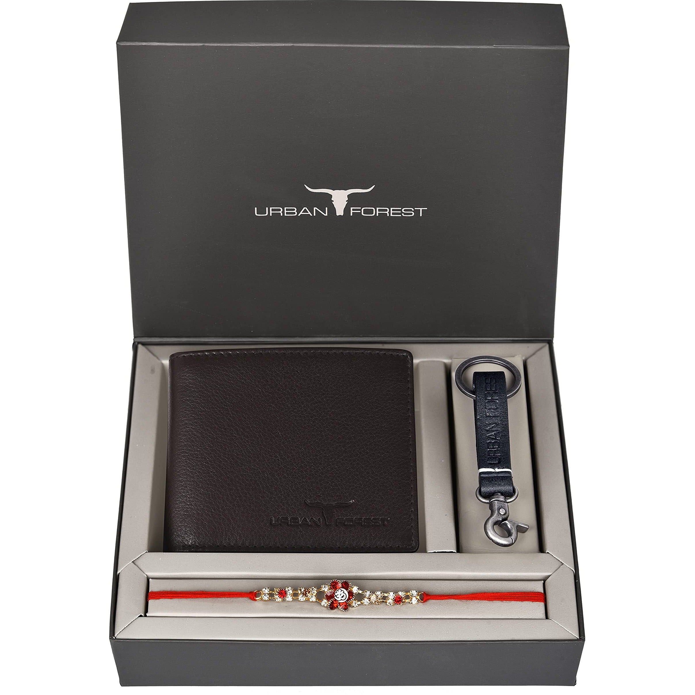 URBAN FOREST Rakhi Gift Hamper for Brother - Classic Brown Mens Leather Wallet, Black Keyring and Rakhi Combo Gift Set for Brother - 4575