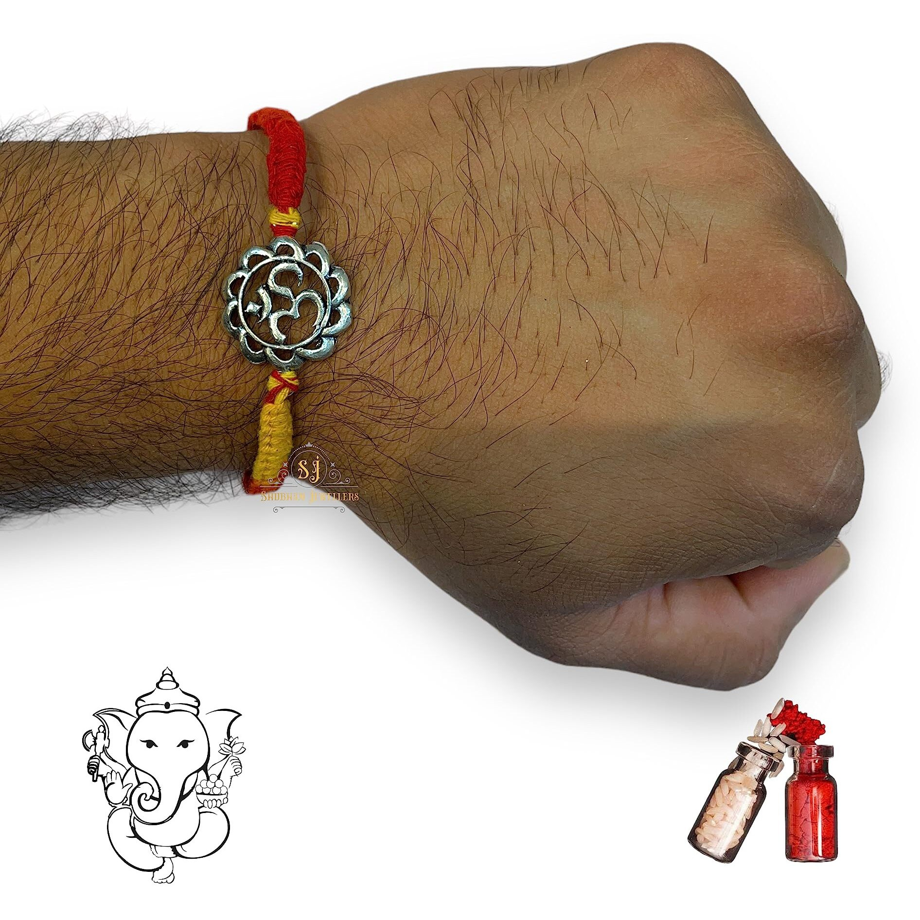 SJ SHUBHAM JEWELLERS 925 Sterling Silver Rakhi for brother God Rakhi Bracelet Raksha Bandhan Pure Cotton For Men, Rakhi With Roli Chawal