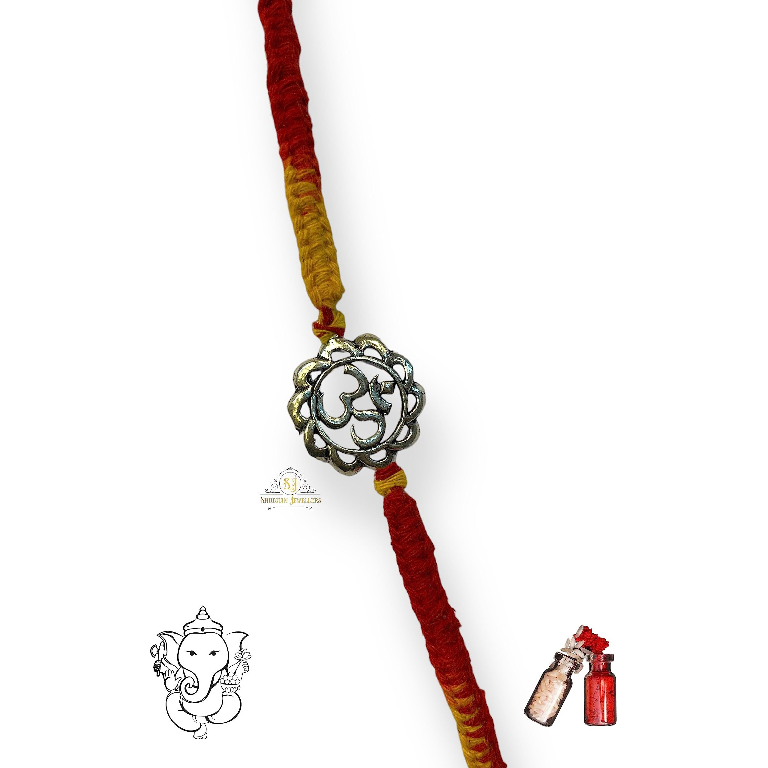 SJ SHUBHAM JEWELLERS 925 Sterling Silver Rakhi for brother God Rakhi Bracelet Raksha Bandhan Pure Cotton For Men, Rakhi With Roli Chawal