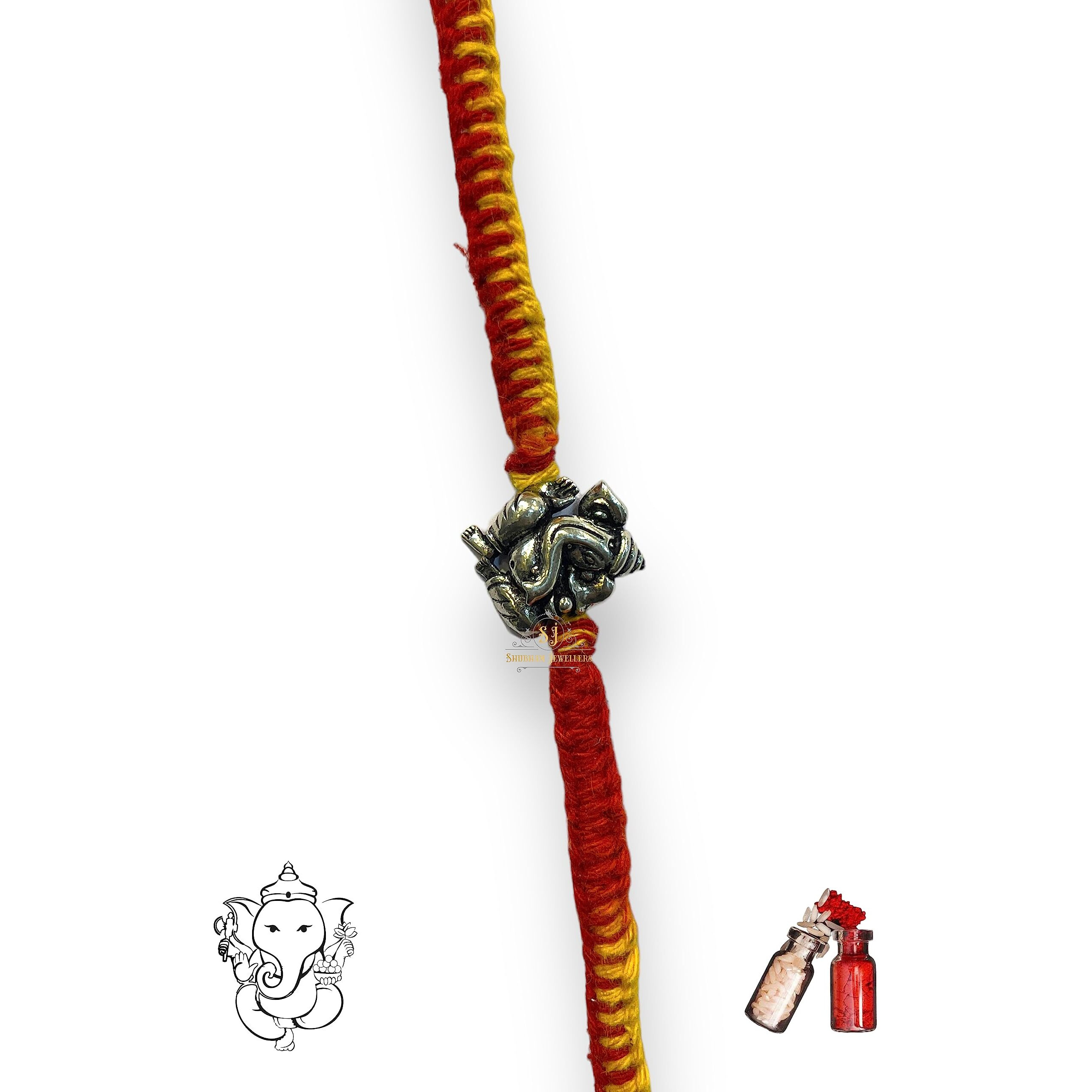 SJ SHUBHAM JEWELLERS 925 Sterling Silver Rakhi for brother Blessing Ganesha Bracelet Raksha Bandhan Pure Cotton For Men, Boys, Kids Rakhi With Roli Chawal