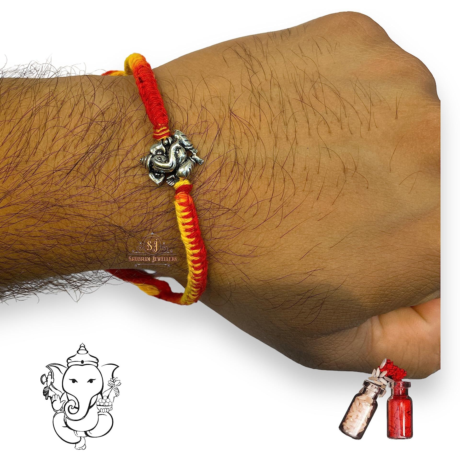 SJ SHUBHAM JEWELLERS 925 Sterling Silver Rakhi for brother Blessing Ganesha Bracelet Raksha Bandhan Pure Cotton For Men, Boys, Kids Rakhi With Roli Chawal