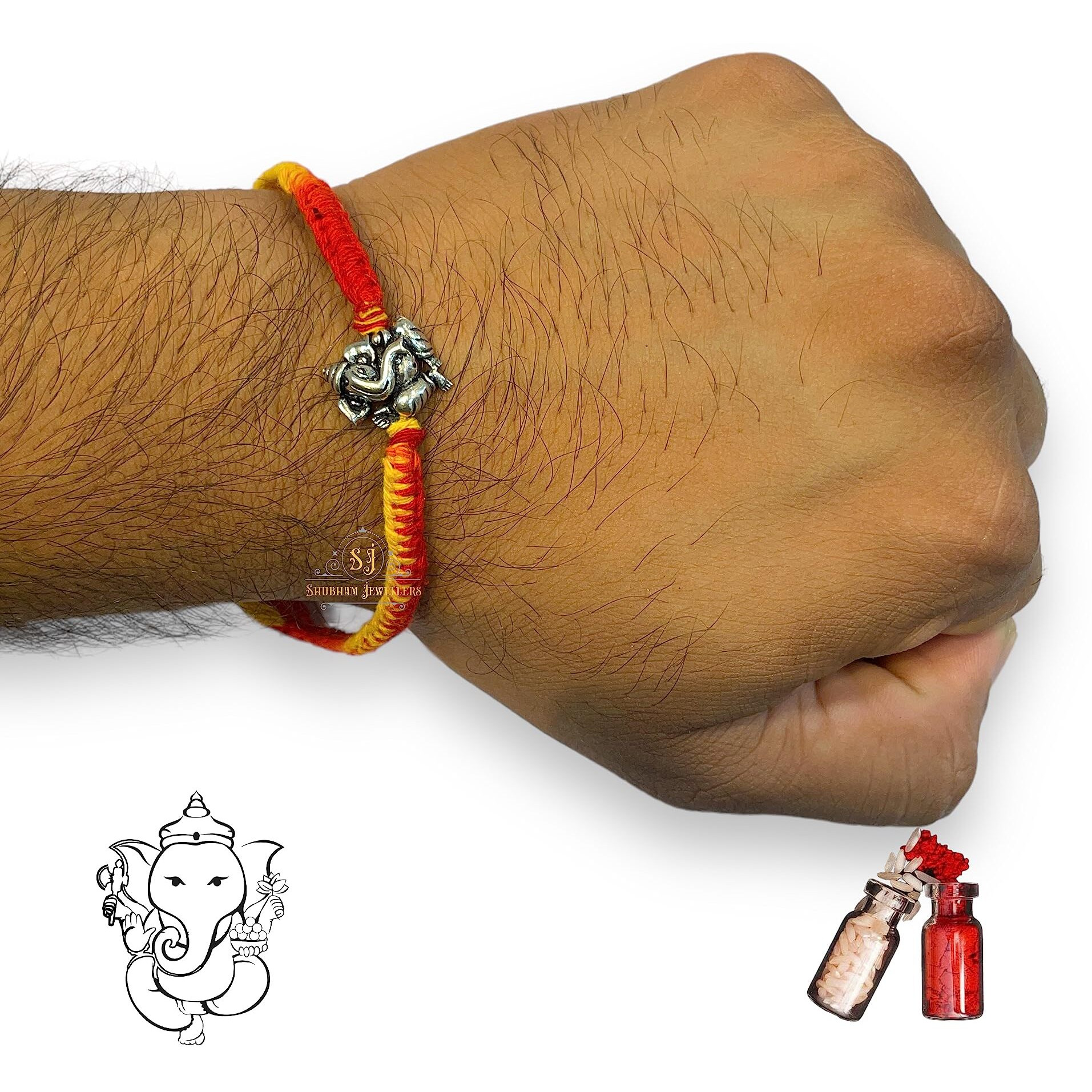 SJ SHUBHAM JEWELLERS 925 Sterling Silver Rakhi for brother Blessing Ganesha Bracelet Raksha Bandhan Pure Cotton For Men, Boys, Kids Rakhi With Roli Chawal