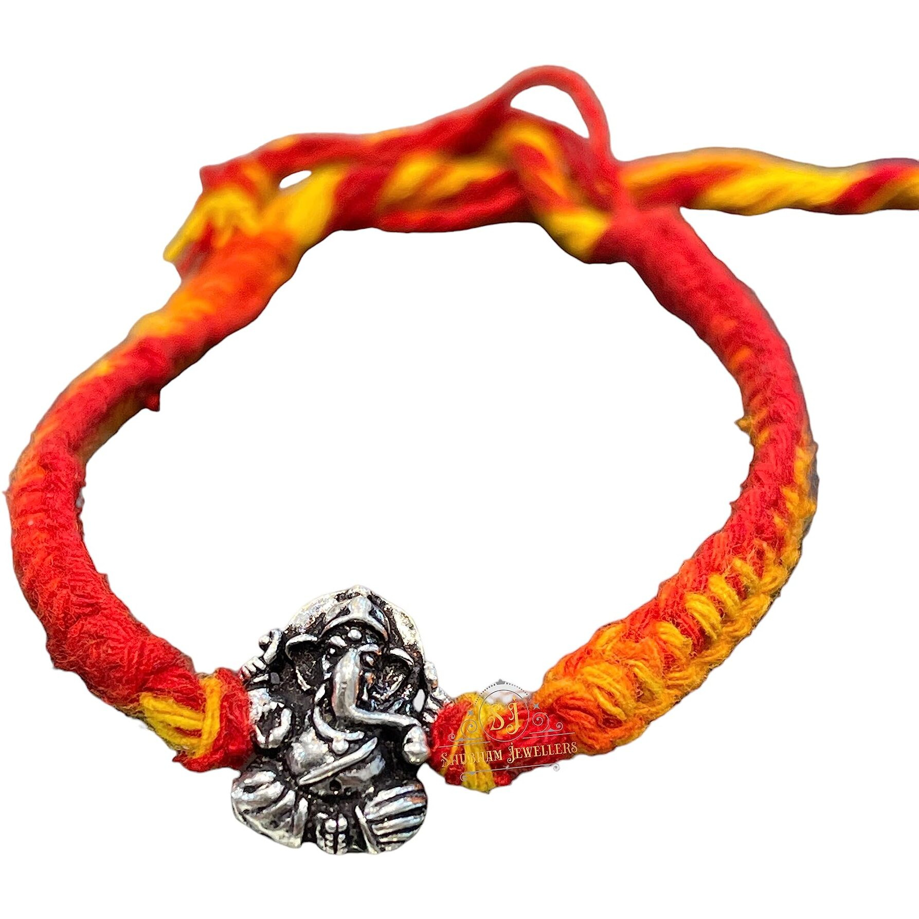 SJ SHUBHAM JEWELLERS 925 Sterling Silver Rakhi for brother God Rakhi Bracelet Raksha Bandhan Pure Cotton For Men, Boys, Kids Rakhi With Roli Chawal (Vighanharta)