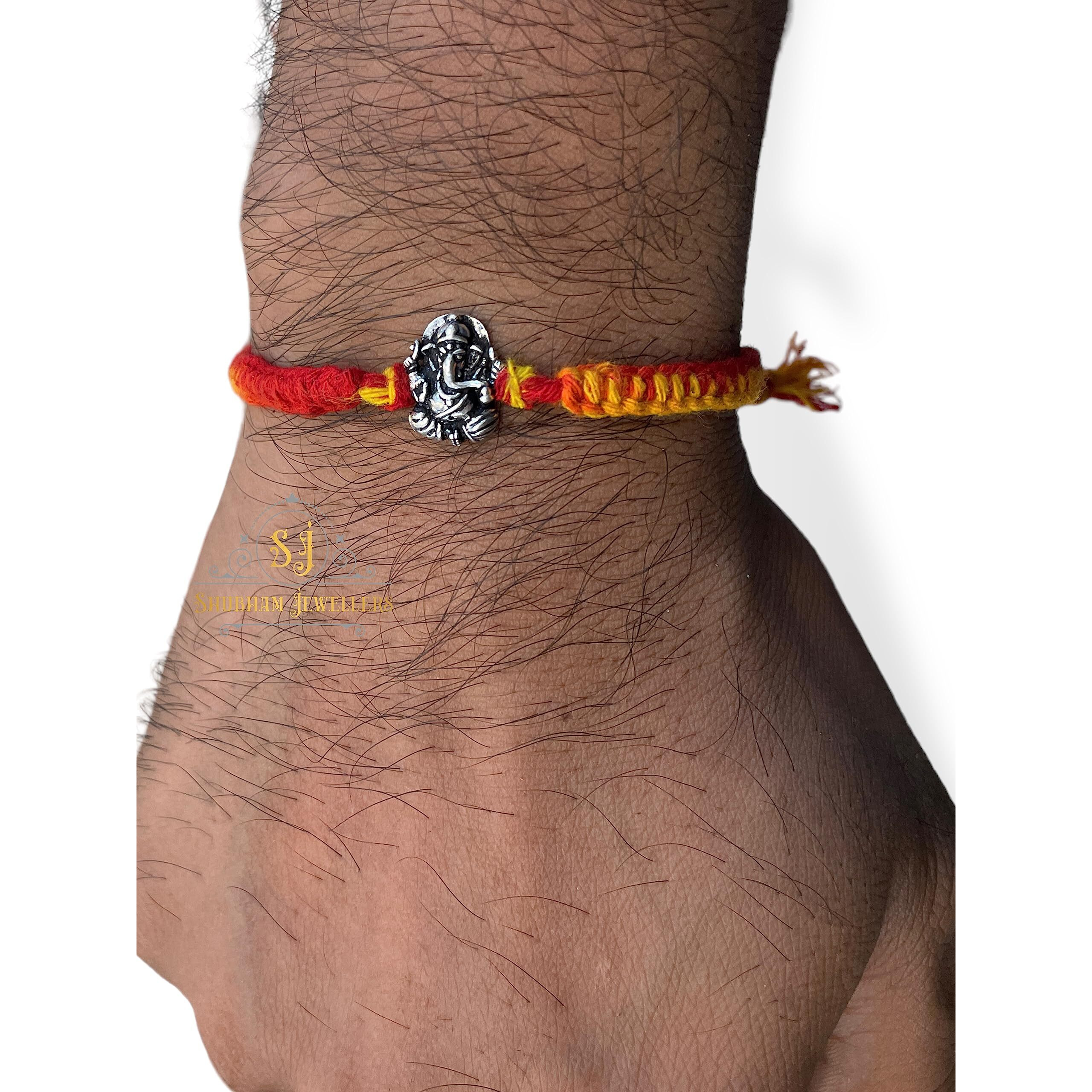 SJ SHUBHAM JEWELLERS 925 Sterling Silver Rakhi for brother God Rakhi Bracelet Raksha Bandhan Pure Cotton For Men, Boys, Kids Rakhi With Roli Chawal (Vighanharta)