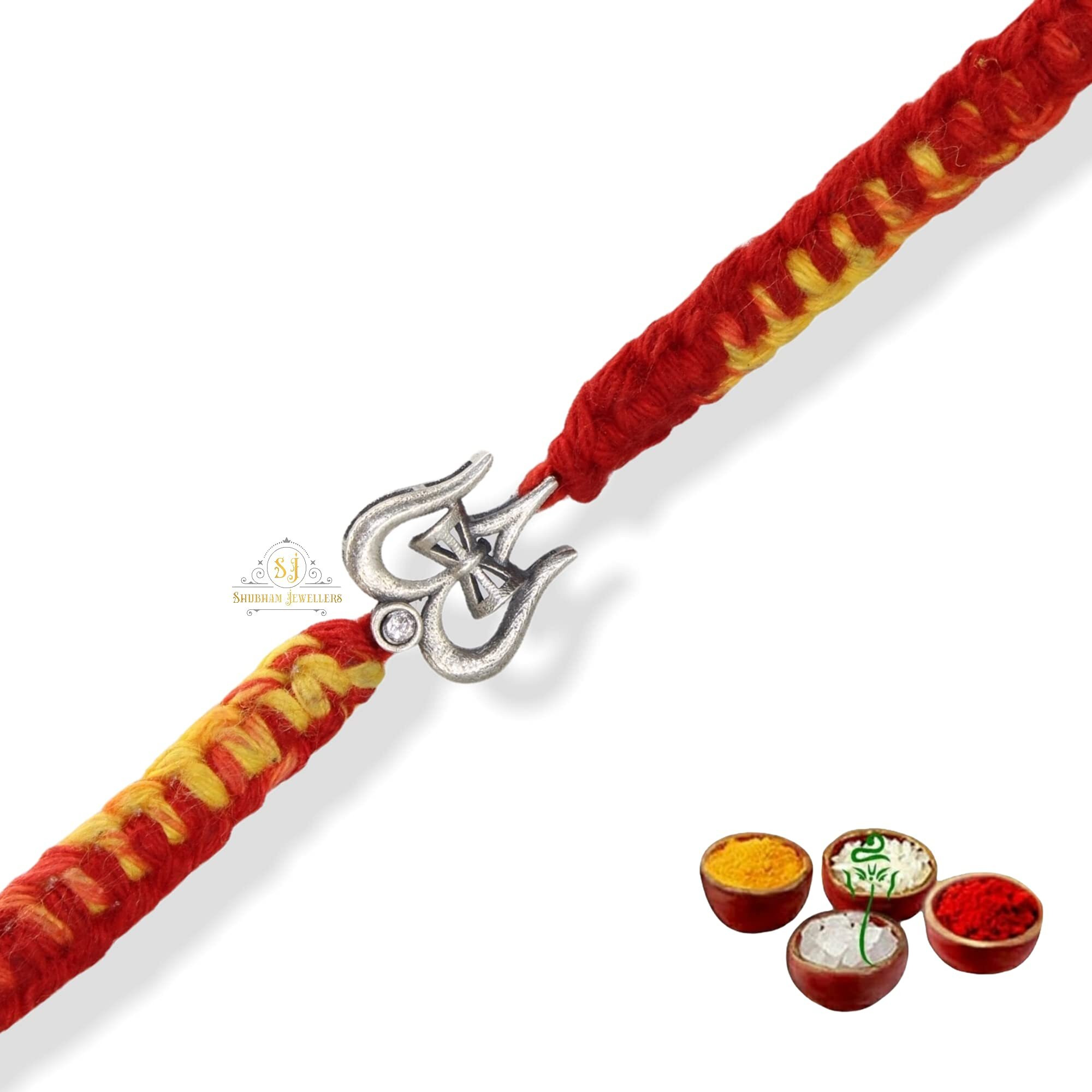 SJ SHUBHAM JEWELLERS 925 Sterling Silver Rakhi for brother God Rakhi Bracelet Raksha Bandhan Pure Cotton For Men, Boys, Kids Rakhi With Roli Chawal (Shiva Damru Trishool)