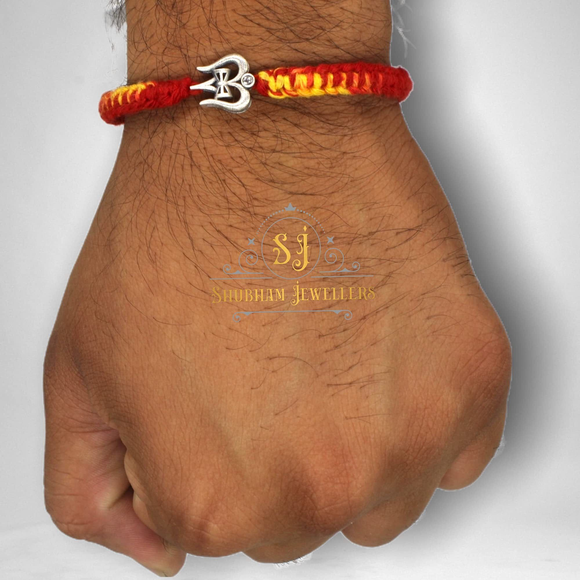 SJ SHUBHAM JEWELLERS 925 Sterling Silver Rakhi for brother God Rakhi Bracelet Raksha Bandhan Pure Cotton For Men, Boys, Kids Rakhi With Roli Chawal (Shiva Damru Trishool)