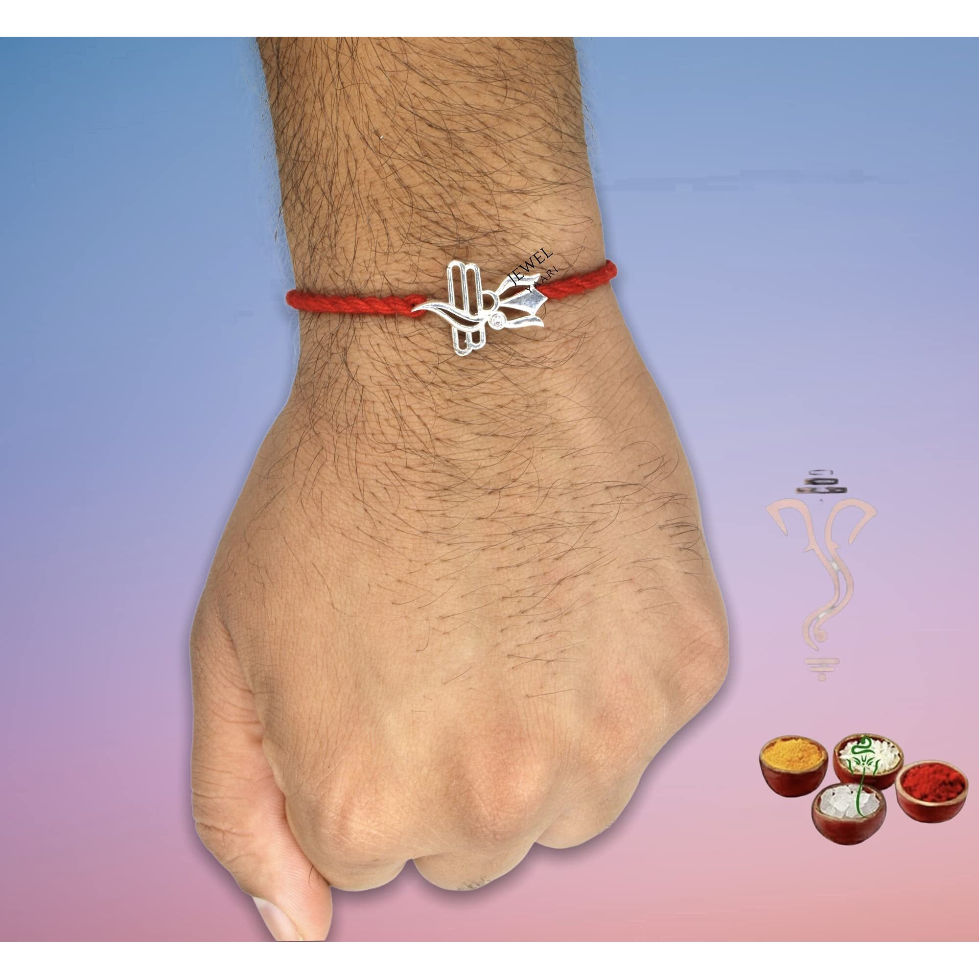 SJ SHUBHAM JEWELLERS 925 Sterling Silver Rakhi for brother God Rakhi Bracelet Raksha Bandhan Pure Cotton For Men, Boys, Kids Rakhi With Roli Chawal (Om Trishool Shiva)