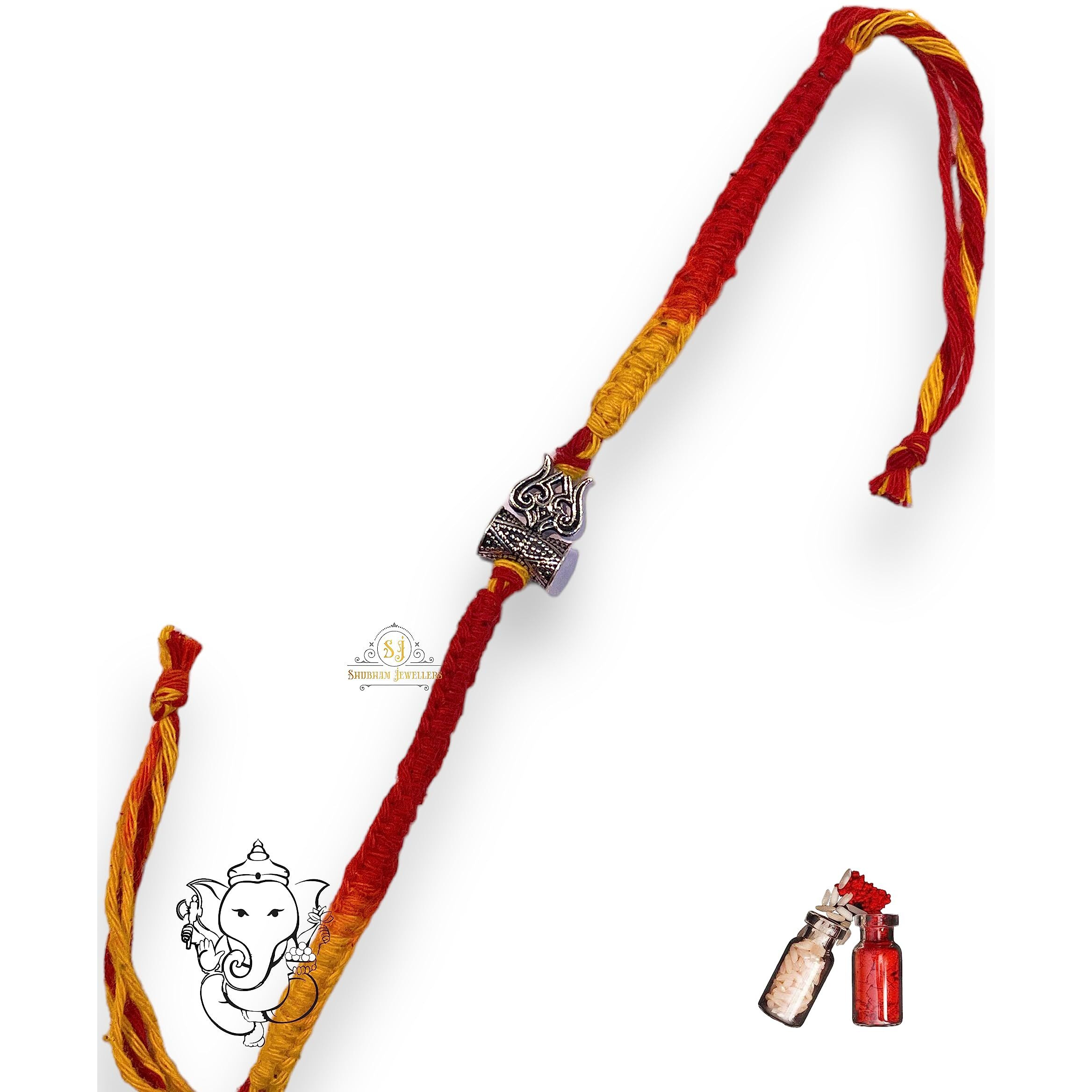 SJ SHUBHAM JEWELLERS 925 Sterling Silver Rakhi for brother God Rakhi Bracelet Raksha Bandhan Pure Cotton For Men, Rakhi With Roli Chawal