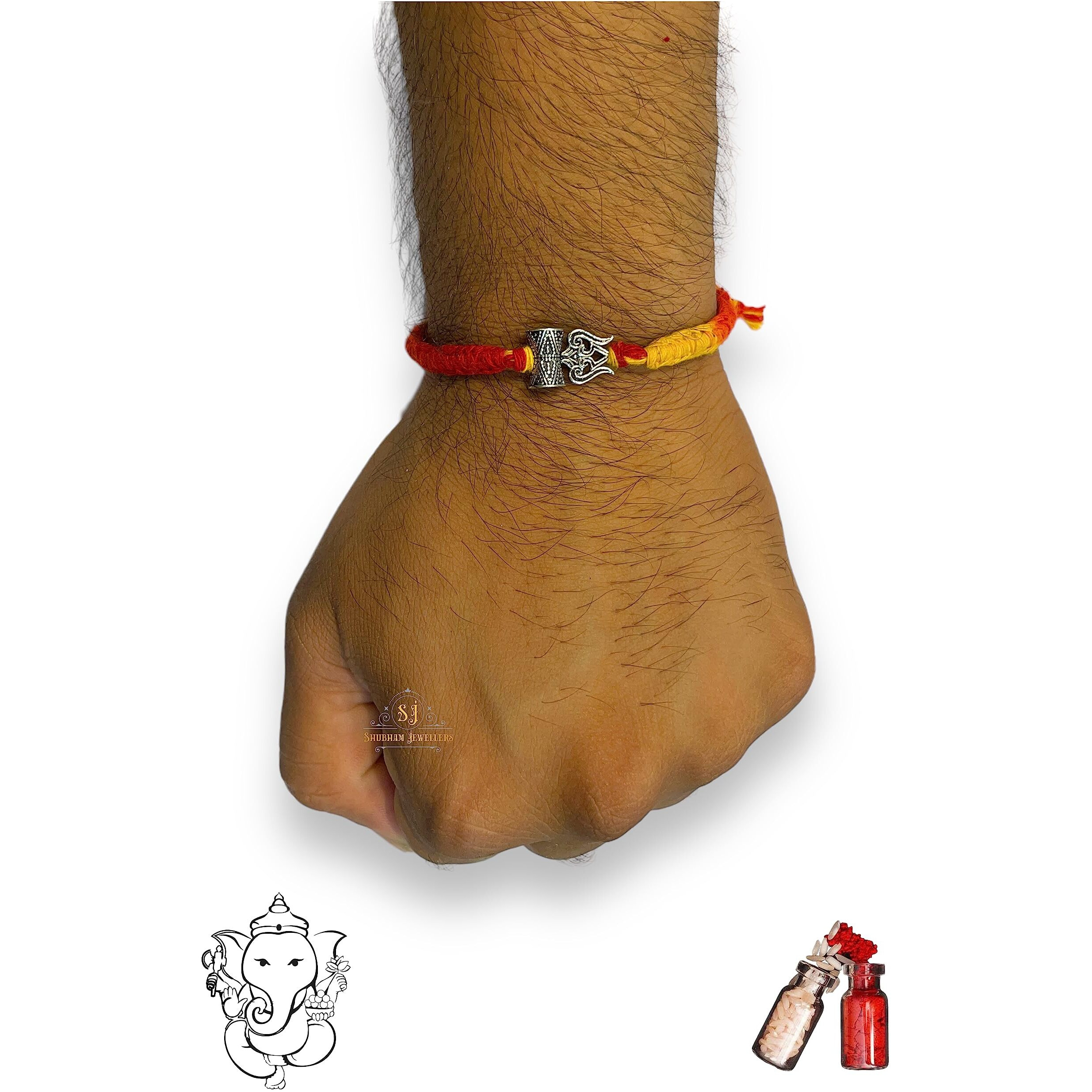 SJ SHUBHAM JEWELLERS 925 Sterling Silver Rakhi for brother God Rakhi Bracelet Raksha Bandhan Pure Cotton For Men, Rakhi With Roli Chawal