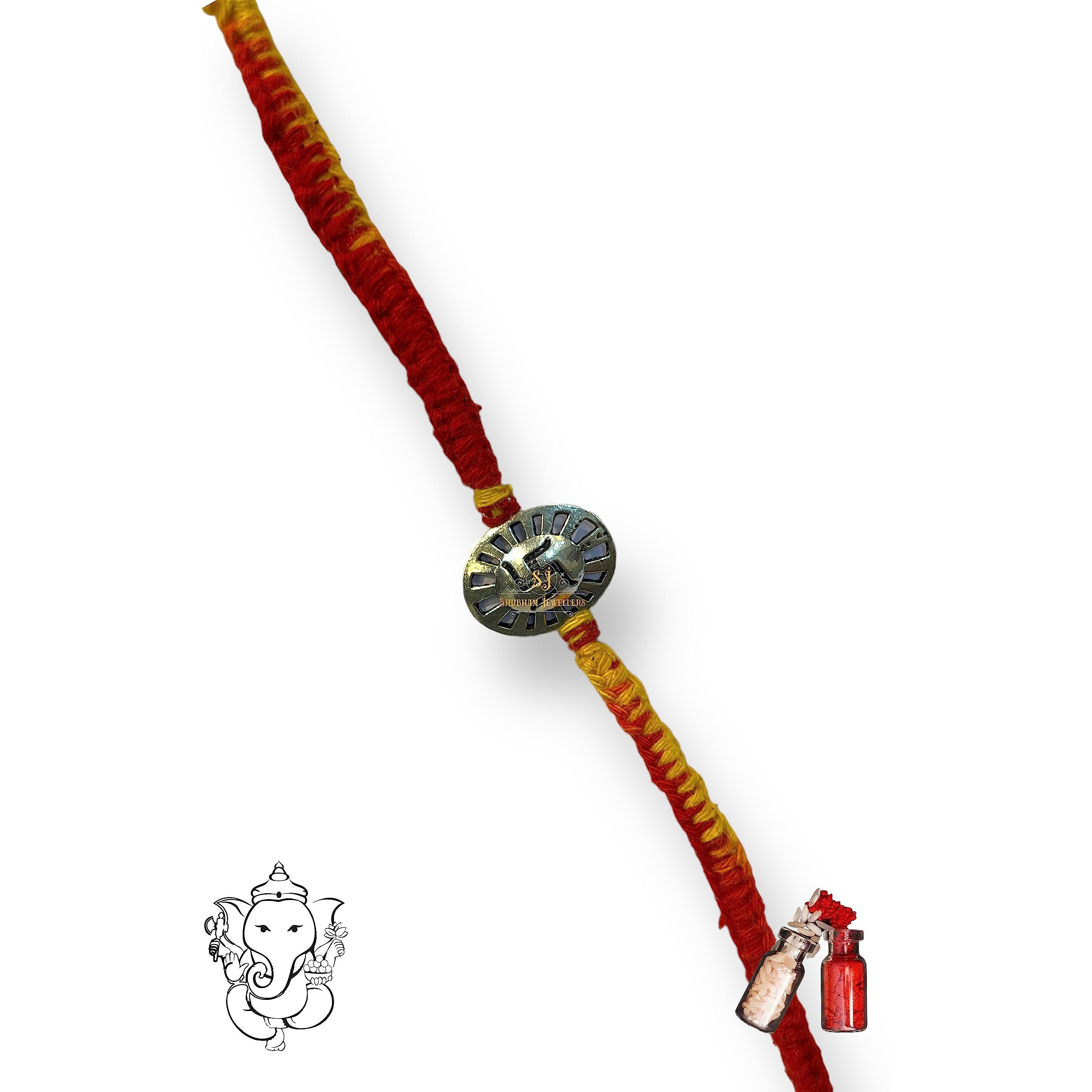 SJ SHUBHAM JEWELLERS 925 Sterling Silver Rakhi for brother God Rakhi Bracelet Raksha Bandhan Pure Cotton For Men, Rakhi With Roli Chawal