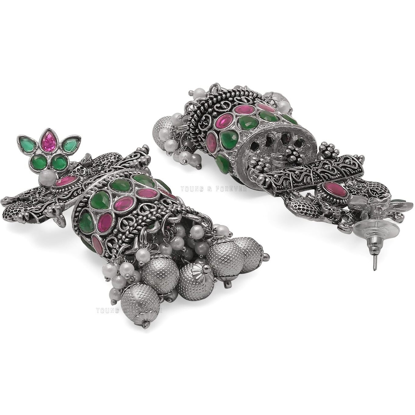 Young & Forever Rakhi Gift for Sister Traditional Fashion Goodluck Elephant Jhumkas Womens Hypoallergenic Silver Black Brass Multicolor Pink Green Stone Pearl Jhumka Boho Dangler Earrings for Women